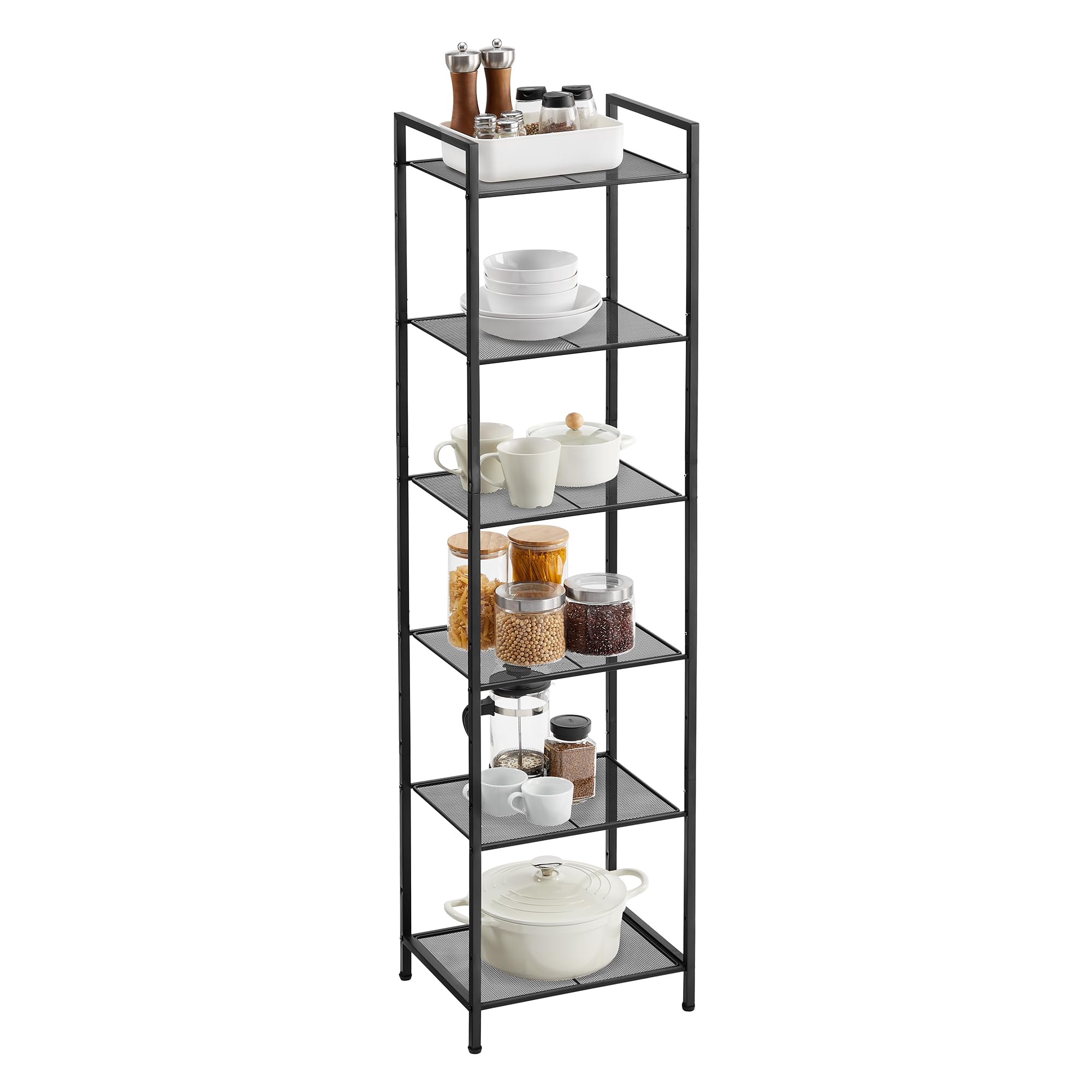SONGMICS 6-Tier Storage Rack, Bathroom Shelf, Extendable Plant Stand with Adjustable Shelf, for Bathroom, Living Room, Balcony, Kitchen, Classic Black