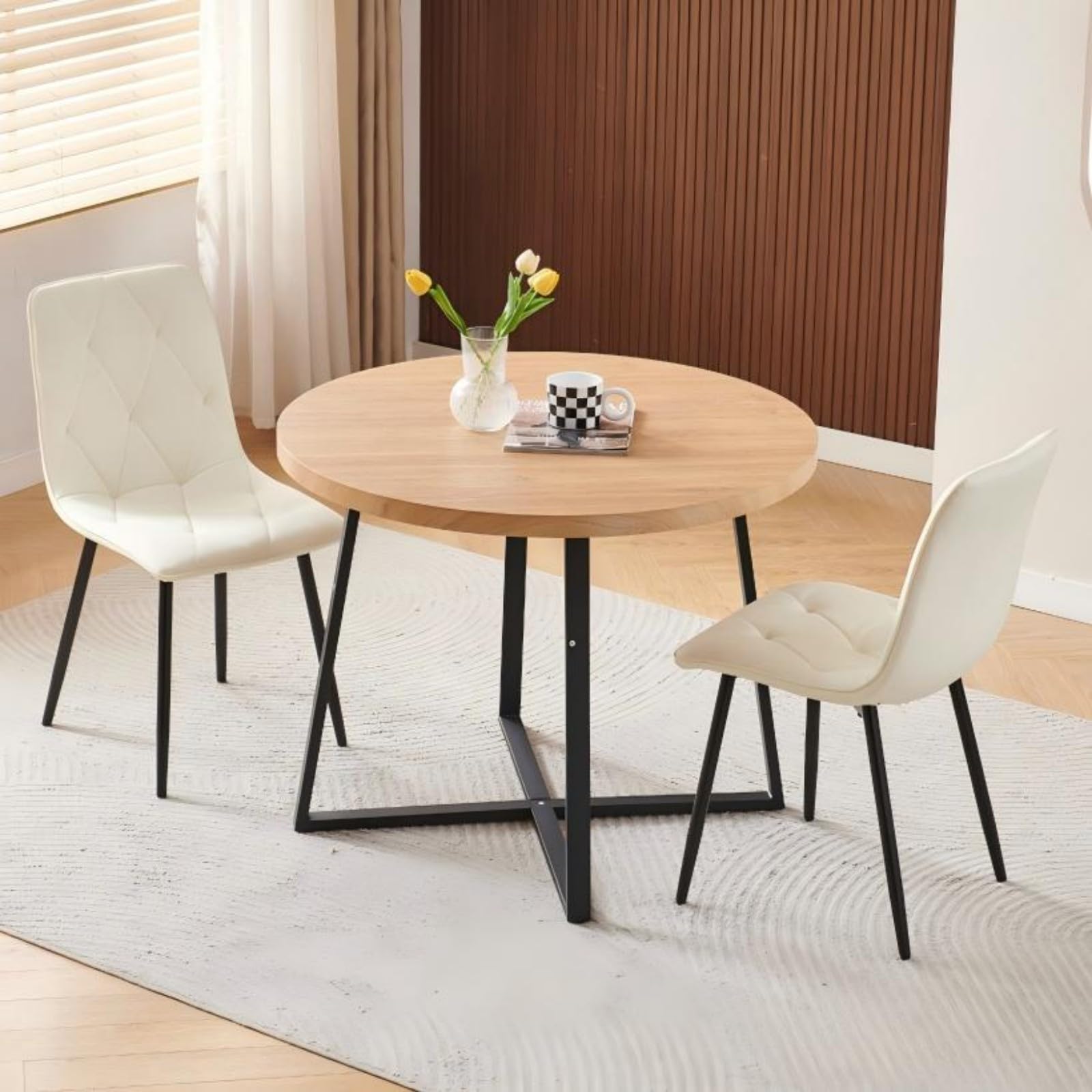 Homullel Round Dining Table and Chairs Set 2 Seater Kitchen Dining Set, 3 Pieces Table & Chairs Dinner Table Set for 2 (Oak Round Straight, 2 Seats, Ivory White Faux Leather Diamond)