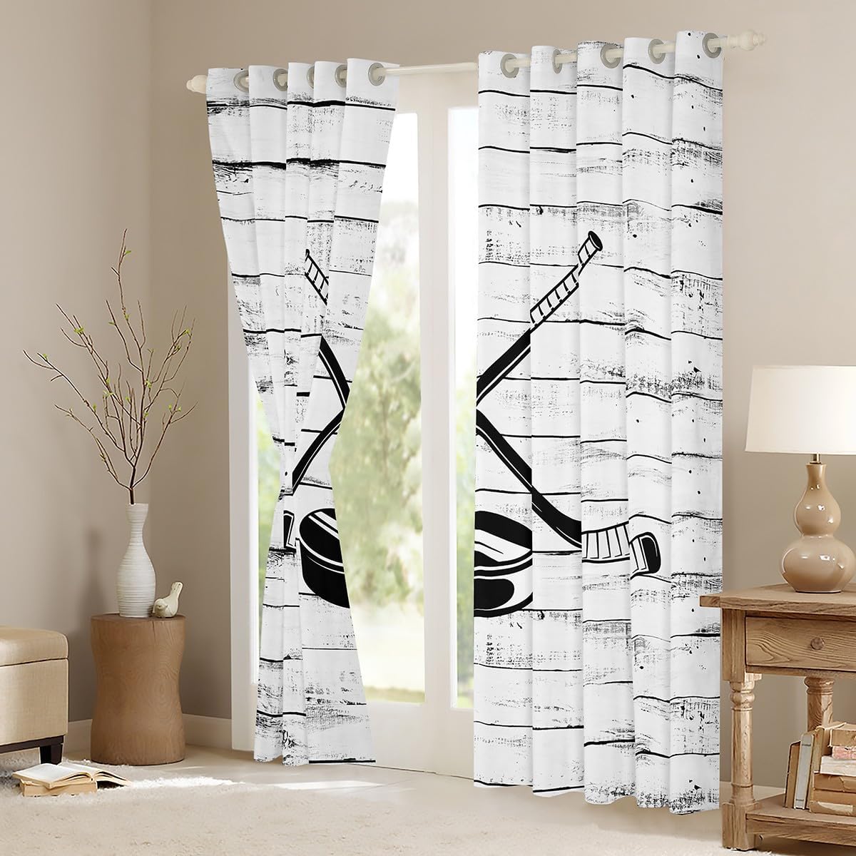 Ice Hockey Curtains for Bedroom Living Room Girls Kids (2 Panels, 52 x 63 Inch) Ice Sports Games Blackout Curtainsative Rustic Wooden Puck Hockey Darkening Dreapes Winter Sports Window Treatments