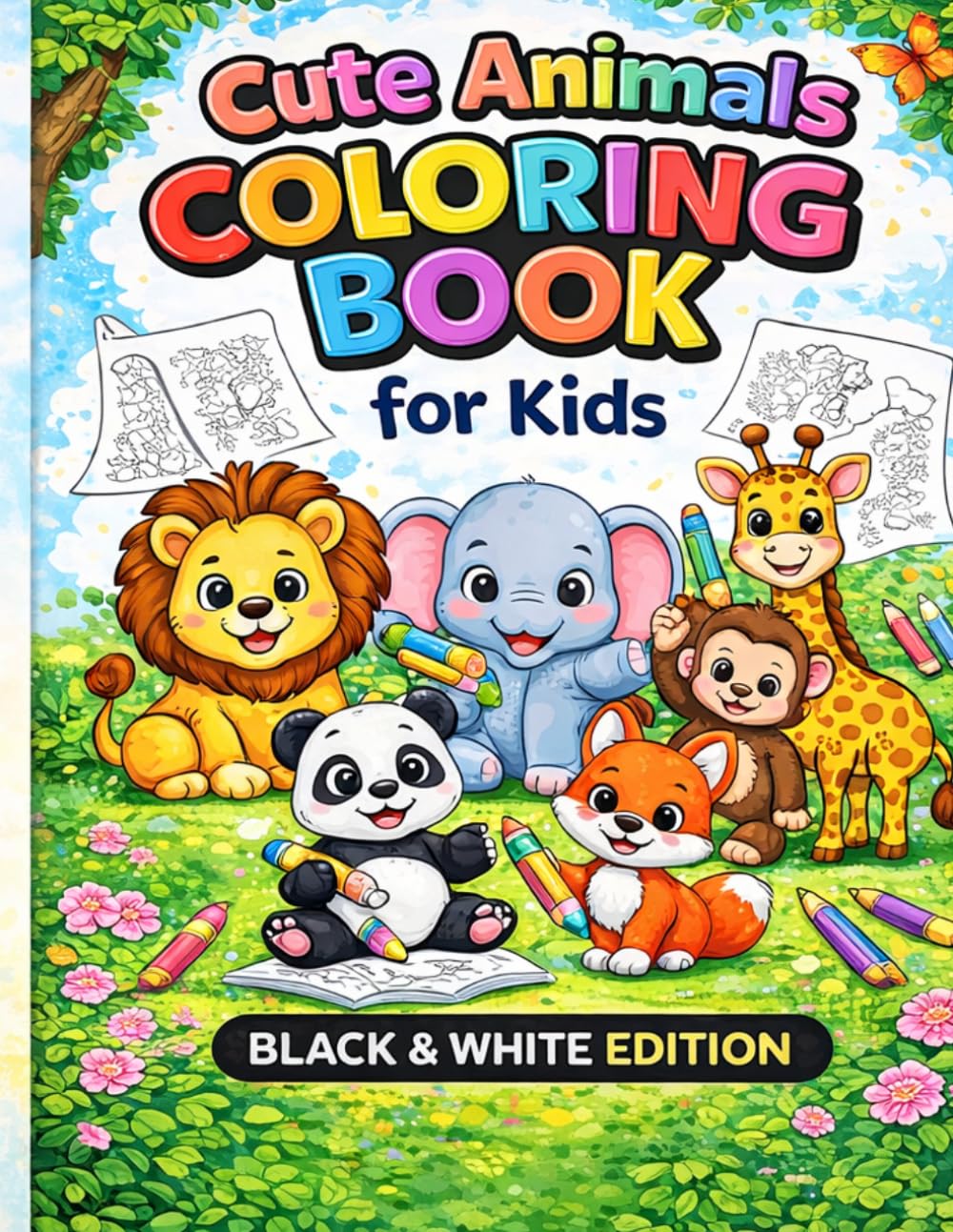 Cute animals colouring book for kids: Black and white edition
