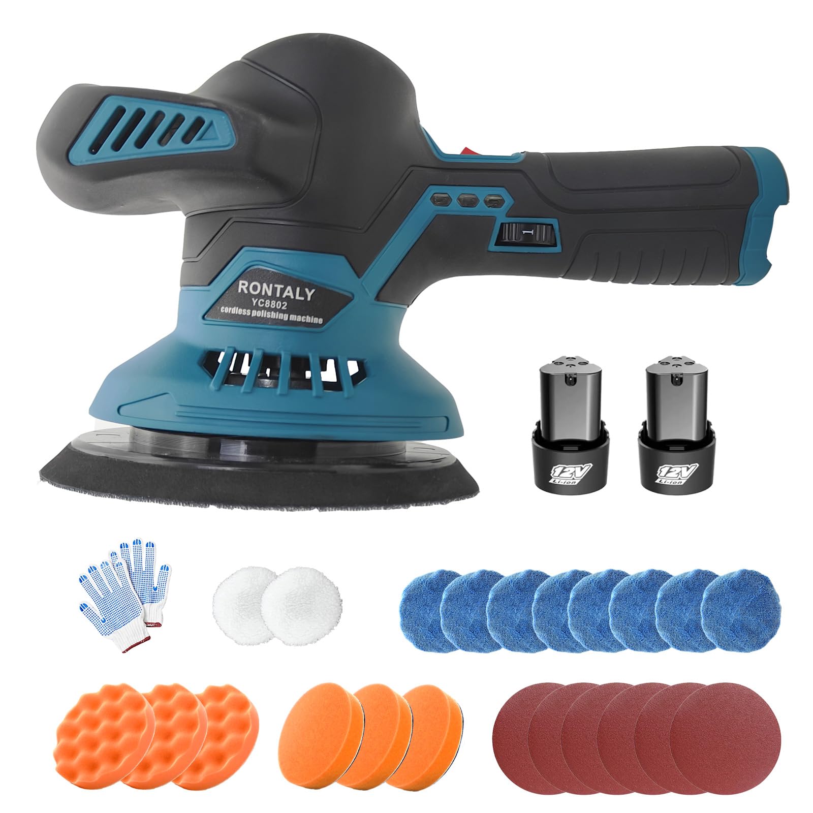 Batería pulidora excéntrica, juego de 2 baterías de 3,0 Ah y cargador, 6 marchas, 2500-6000 rpm, 16 accesorios, indicador de batería LED, para abrillantador de pintura, encerado, eliminación de