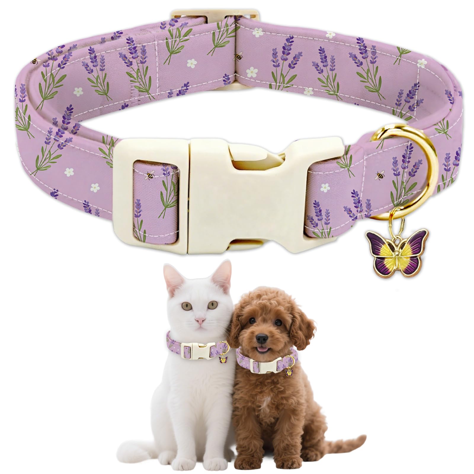 GLOBLELAND Lavender Dog Collar Flowers Pet Collars Adjustable Soft Cute Dog Collar with Quick Release Buckle for Small Dogs Puppy Walking Running