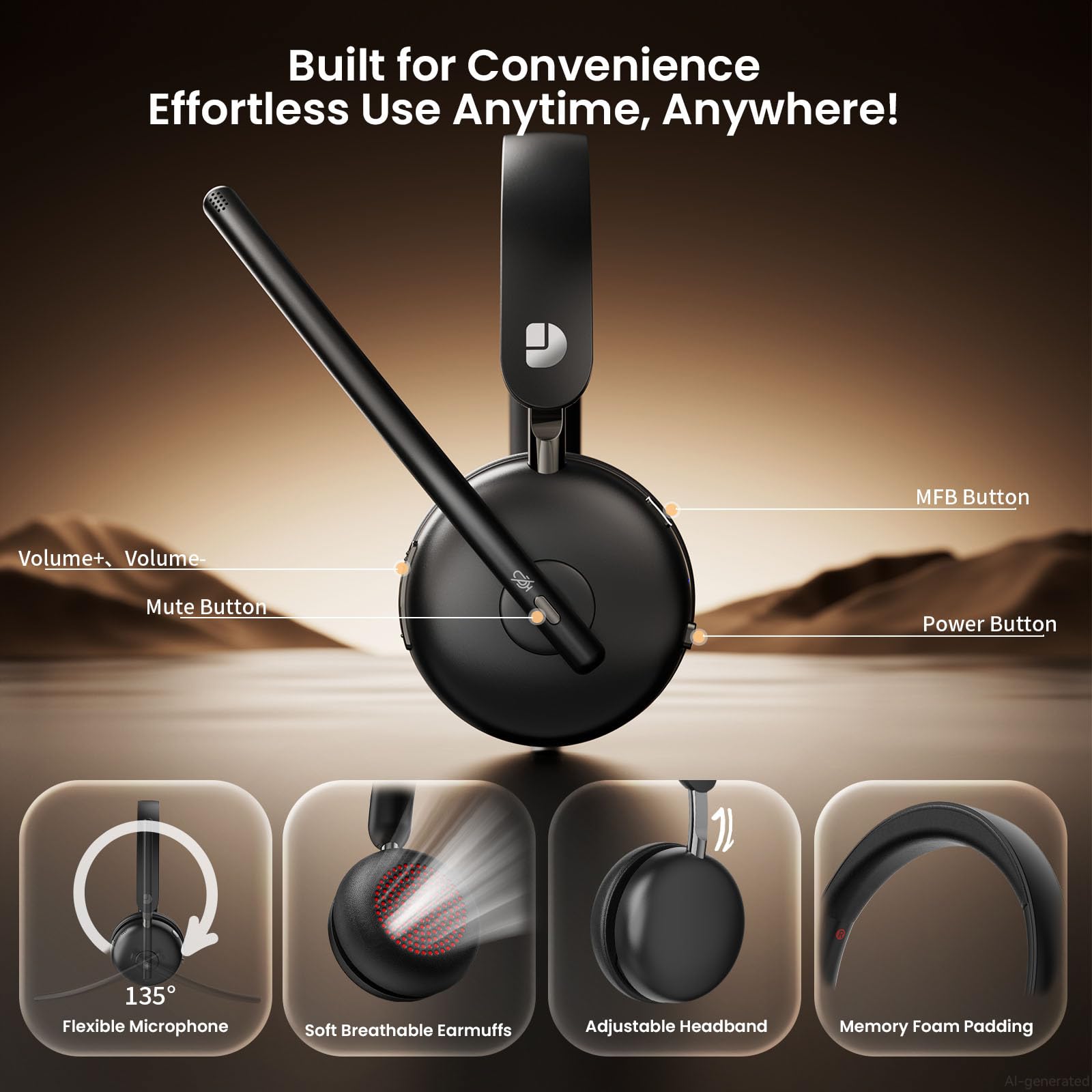 Dytole Kabelloses Headset mit Mikrofon für die Arbeit, Bluetooth 5.3 Headset mit Geräuschunterdrückung, kabellose Kopfhörer mit Mikrofon & USB-Dongle, 65H & Stummschaltung, ideal für PC/Call Center