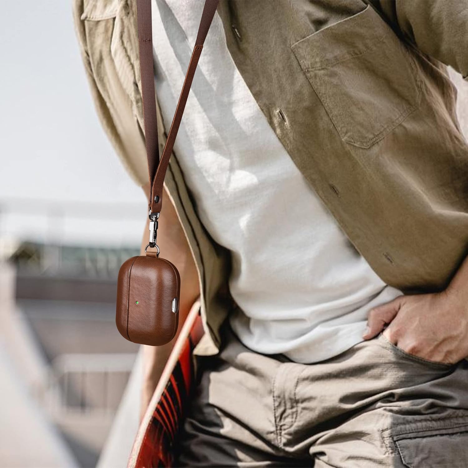 Leather Case for AirPods Pro 1st Generation 2019 with Hand Strap and Neck Lanyard, Genuine Vegetable-Tanned Cow Leather, Handmade Crafted, Gloss Brown