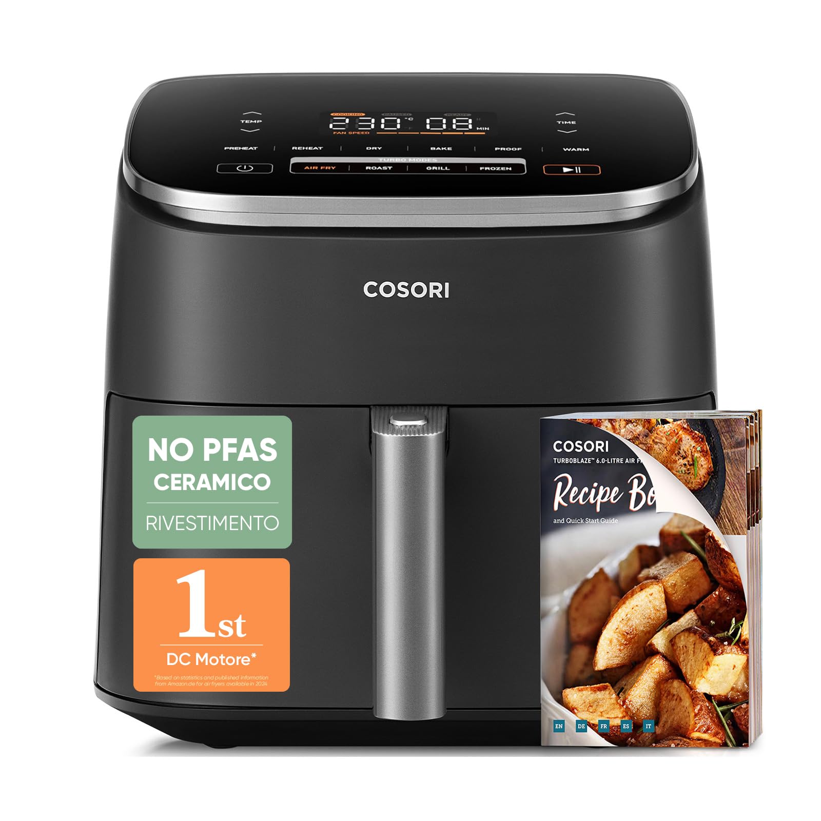 Cosori Friggitrice ad Aria Turbo Blaze 6 Litri, DC Motore, 9 Funzioni 1725W | Rivestimento Ceramico No PFAS, 30-230℃, 5 Velocità della Ventola Automatica, Usa Fino al 95% di Olio in Meno, 110 Ricette
