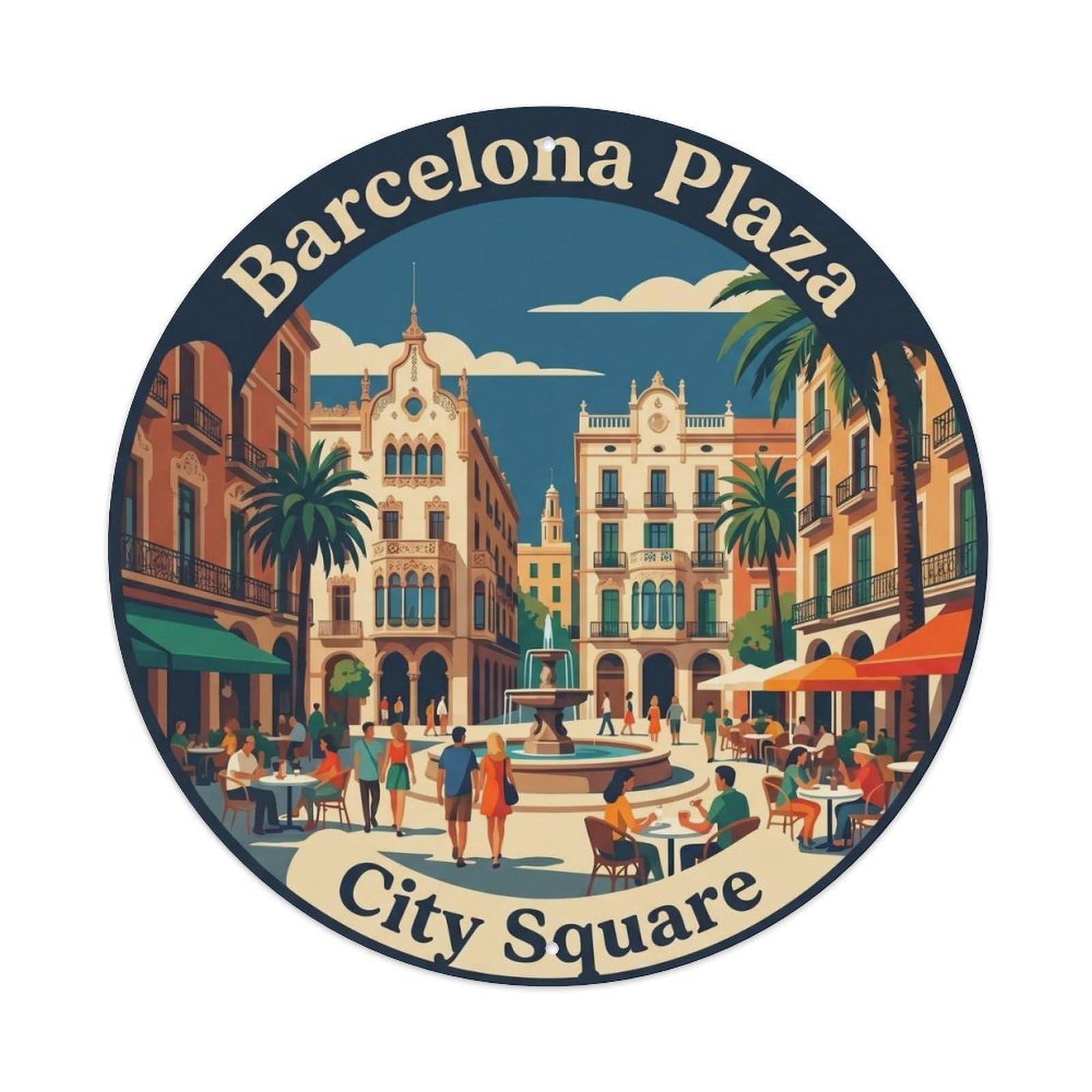 Spanish Barcelona Plaza Destination Classic Travel Landmark Metal Tin Sign Plaque Wall Decor for Cafe, Man Cave, Club Bar, Office, Home Garden Round Metal Poster 8x8Inch