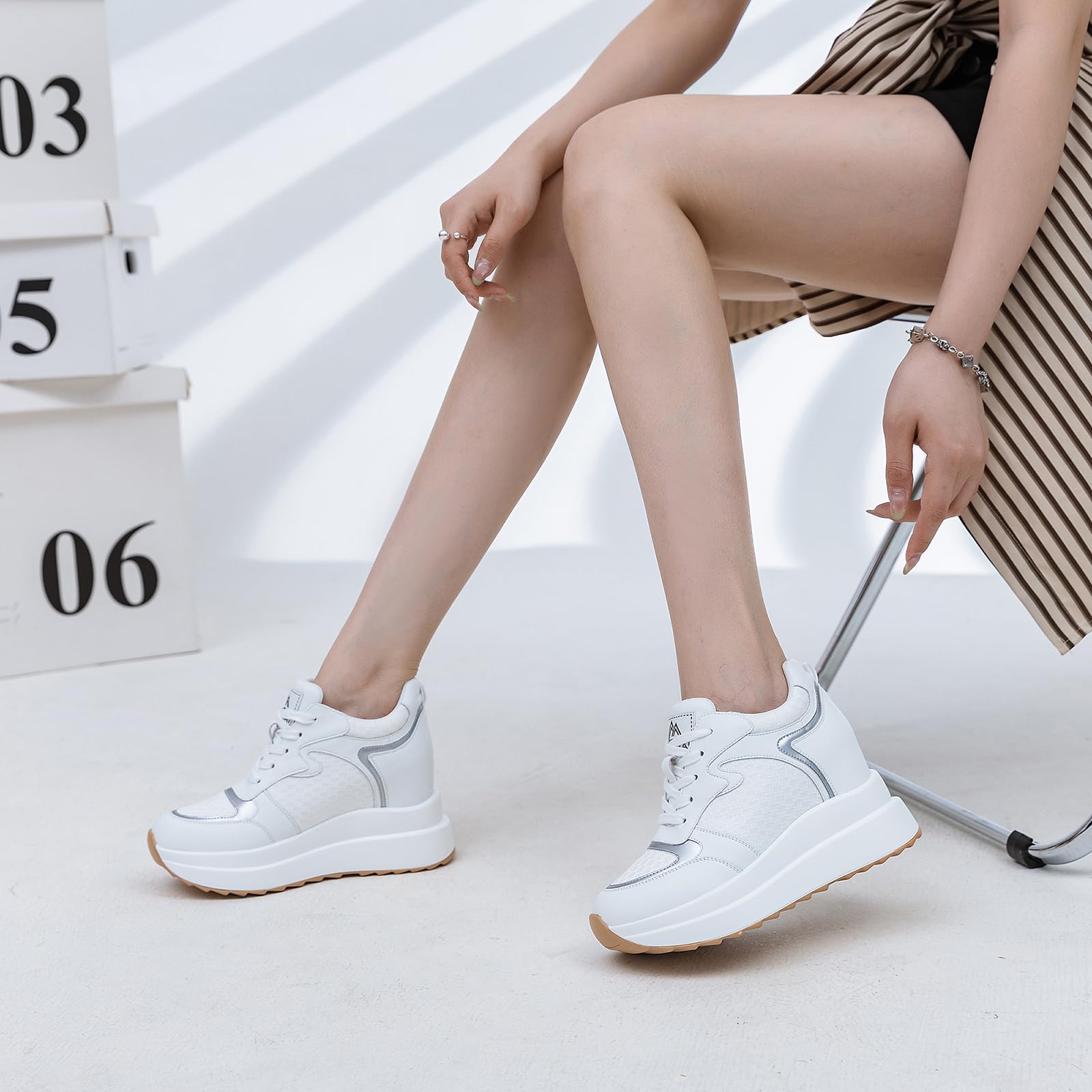 Sneakers Zeppa Interna Donna Alta Scarpe con Rialzo Interno Moda Platform Traspirante Scarpe da Ginnastica con Tacco 10 cm