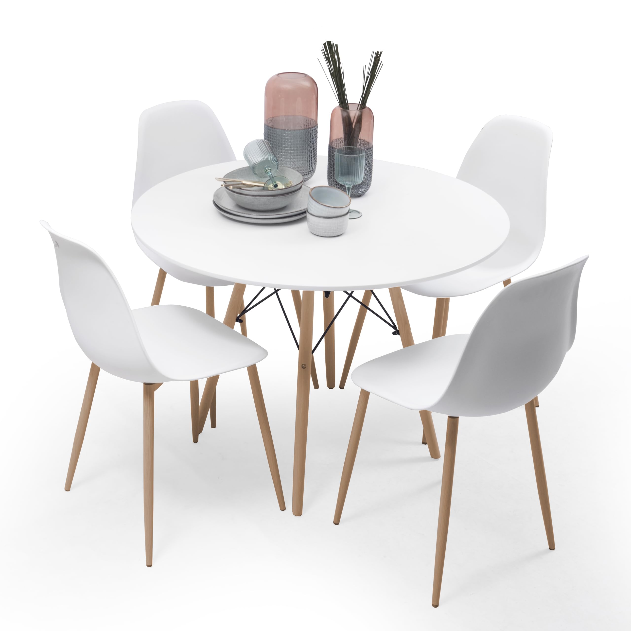 Homely - Conjunto de Comedor Tower Cairo Nordic White 100 | Mesa + 4 sillas | Comedor, Salón, Cocina, Sala | Mesa Redonda Color Blanco | 100 cm diámetro | 4 sillas Color Blanco
