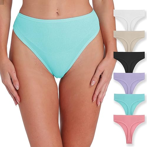 Tangas de algodón acanalado de cintura alta para mujer, calzones deportivos elásticos de corte alto, ropa interior transpirable, paquete de 6