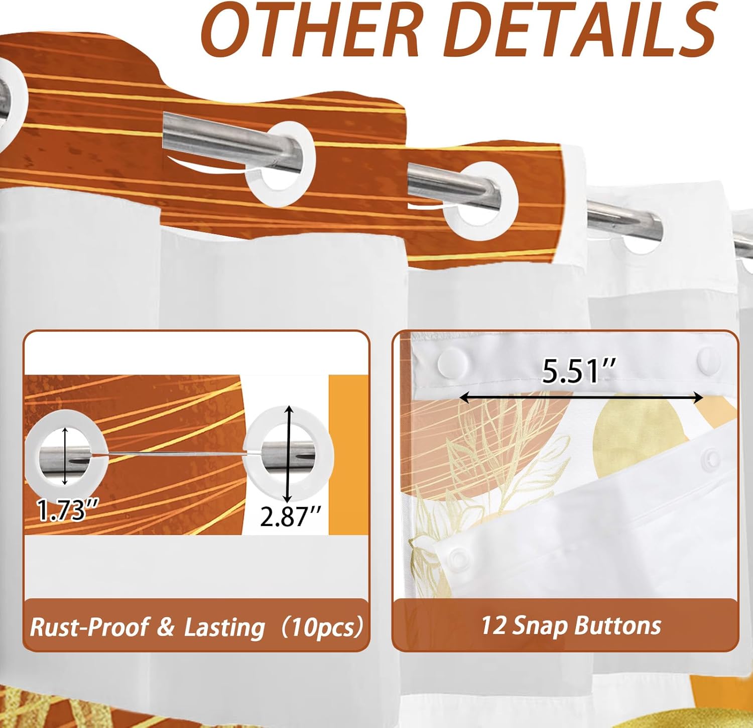 Modern Hookless Shower Curtain with Snap in Liner, Boho Orange and White Grey No Hook Shower Curtain and Liner Set, Ringless with Window Waterproof Cloth Fabric, 71" W X 74" L