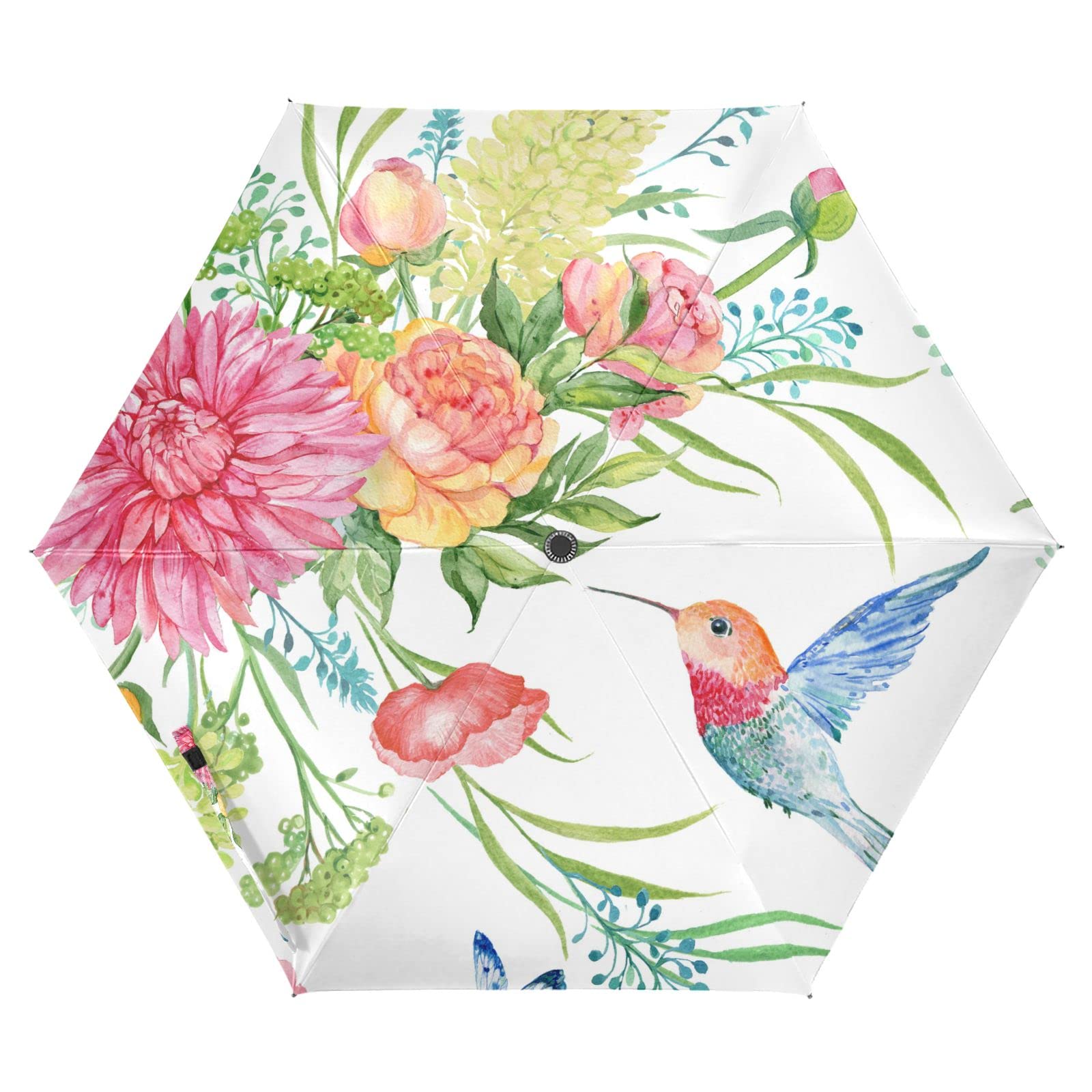 Colorful Floral Dahlia, Lupine, Butterflies, Humming Birds on White Automatic Windproof Waterproof Umbrella, Folding Umbrella Reinforced Portable Compact UV Protection Sun rain Auto Open/Close