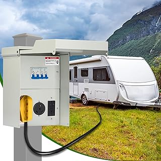 20 30 50 Amp RV Electrical Panel Receptacle - Temporary Power Outlet Panel Box, EV RV Breaker Box Prewired, 30 amp RV Outlet Receptacle with Circuit Breaker, Weatherproof Rv Plug Distribution Camper