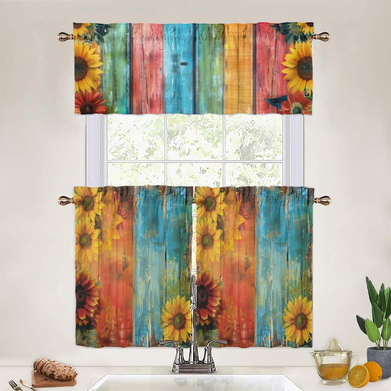 Sunflower, Kitchen Valance Curtain Rustic Sun Flower on Wood Window Treatments Rod Pocket Valance Curtain for Bedroom, 54x18inch 55x36inch