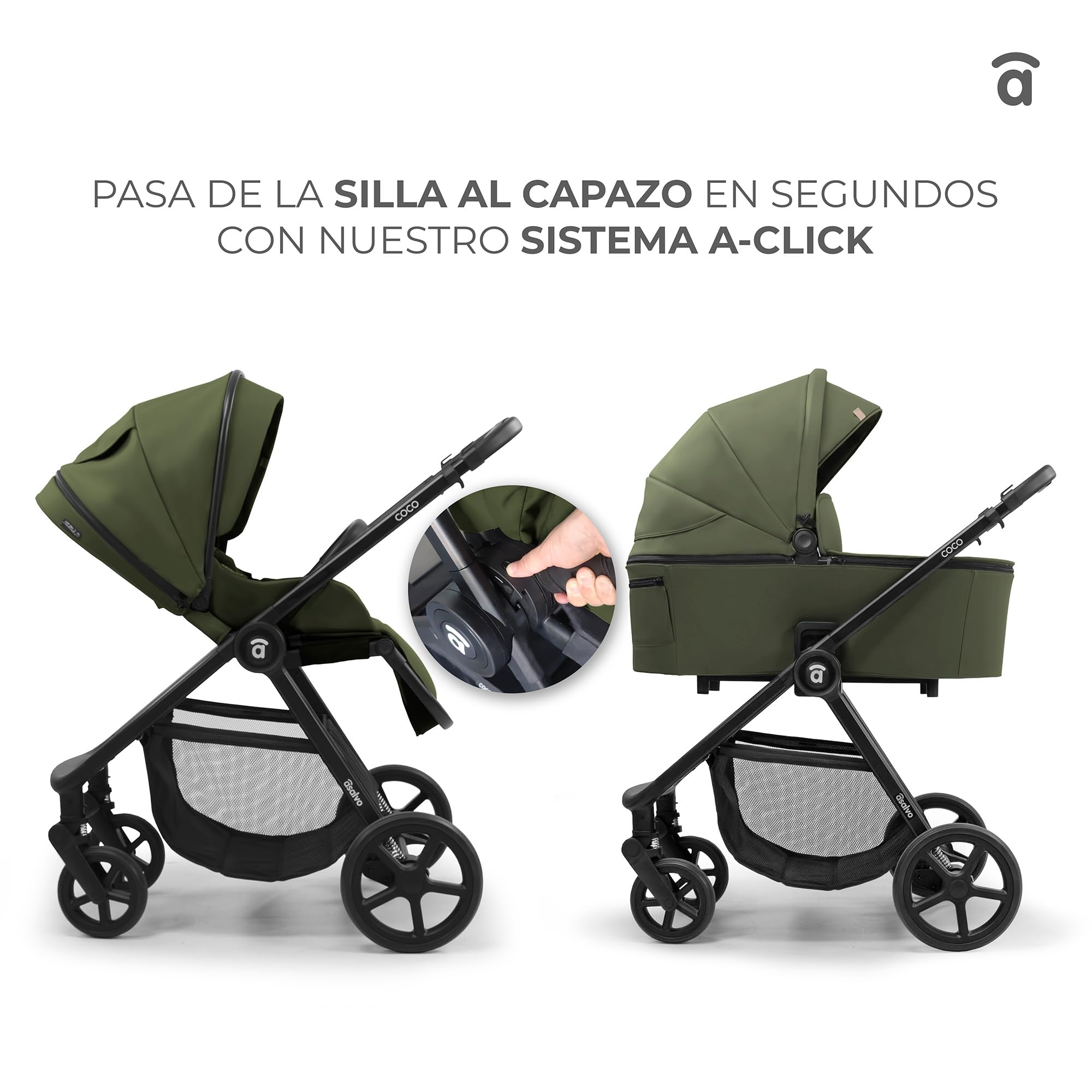 ASALVO Carrito Bebé 2 en 1 con Capazo y Silla de Paseo, Hasta 22 kg, Plegado Libro Compacto, Suspensión Total, Arnés de 5 Puntos, Dúo Coco Verde