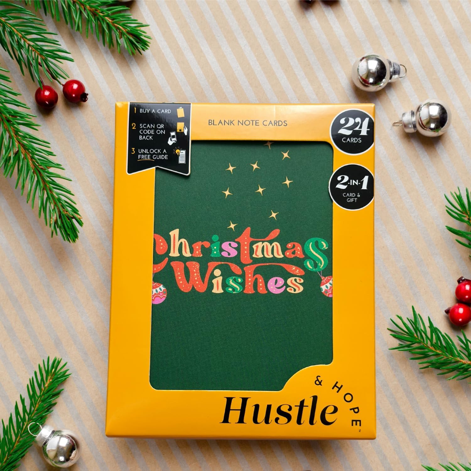 Hustle & Hope Boxed Holiday and Christmas Cards - Set of 24 Greeting Cards with Envelopes - Includes 6 Different Designs - Perfect for Coworkers, Team, Friends, Girls, Family, Men