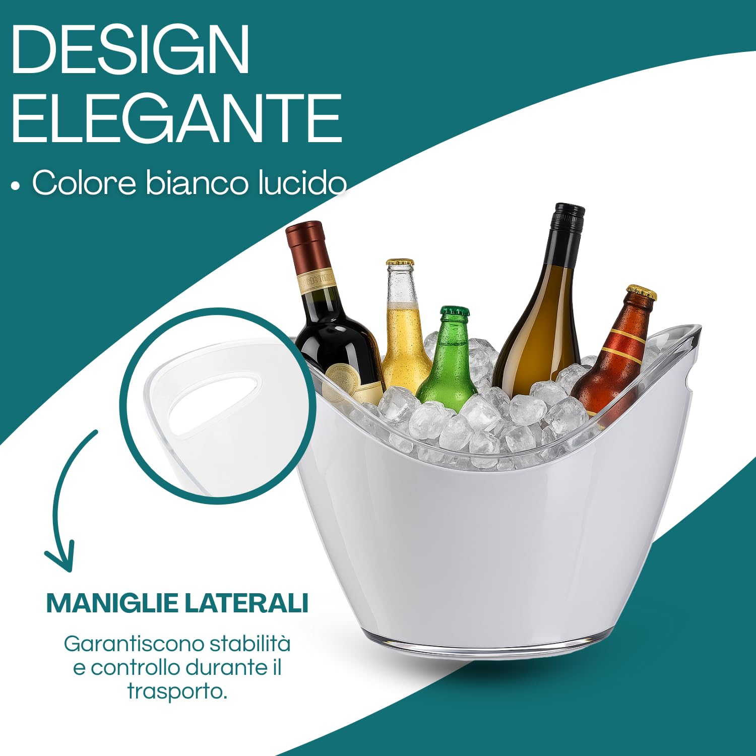 Virsus Secchiello Portaghiaccio Ovale 90096, misura 34,5x26x24 cm, capacità 8 Lt, secchio in plastica per ghiaccio, 2 Maniglie, secchiello per bottiglie Vini, Champagne per feste ed eventi -C (Bianco)