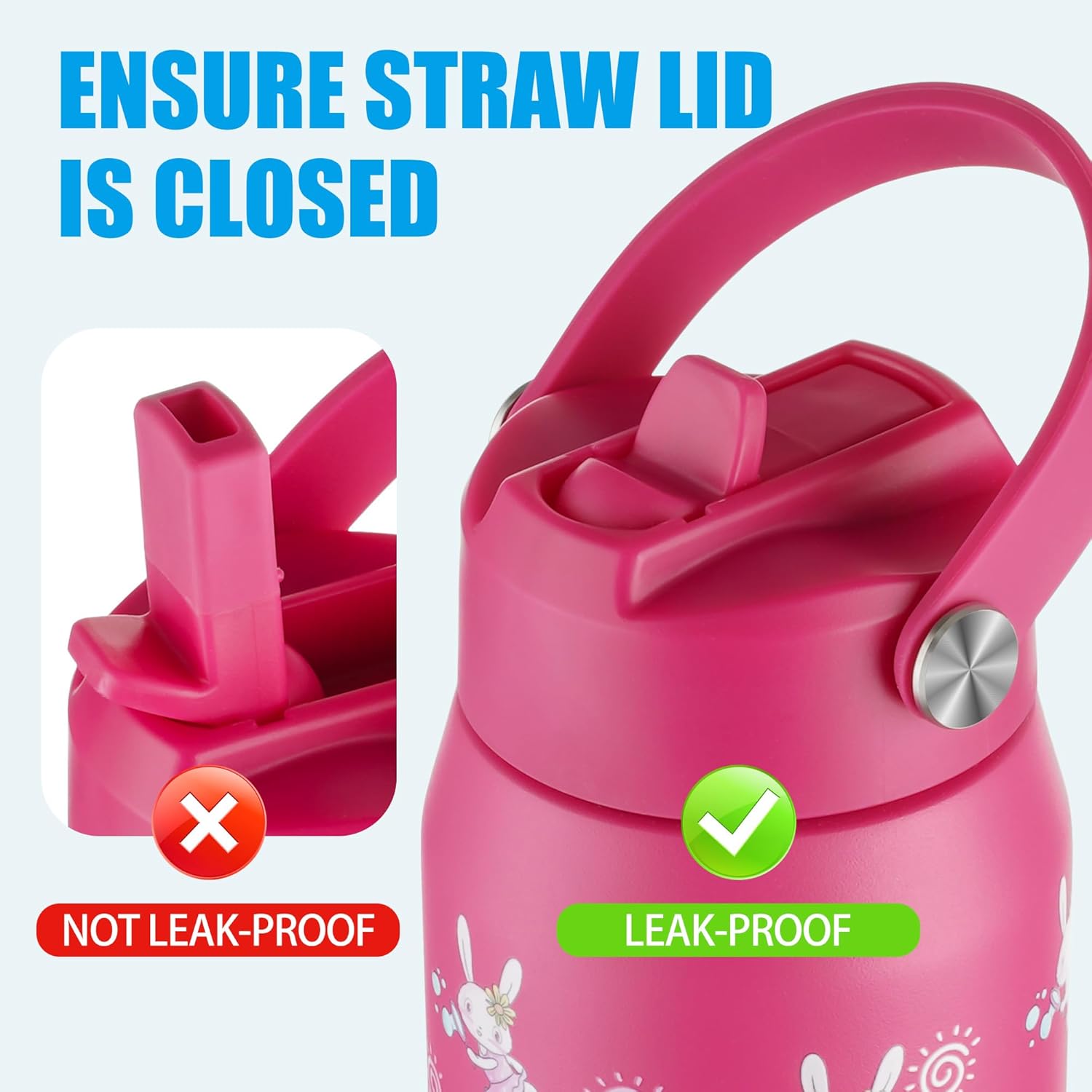OLDLEY kids Water Bottle - 18oz Insulated Stainless Steel - Wide Straw Lid, Non Spill, Leakproof, Kids Water Bottle for School,Pink Bunny - Image 5