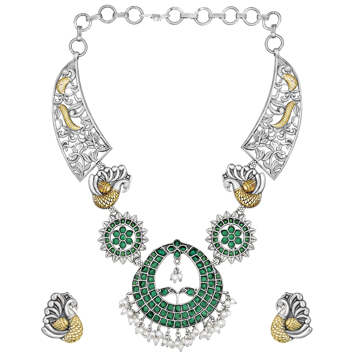 Aheli Collana girocollo tradizionale placcata argento con orecchini etnici ossidati set regalo per le donne
