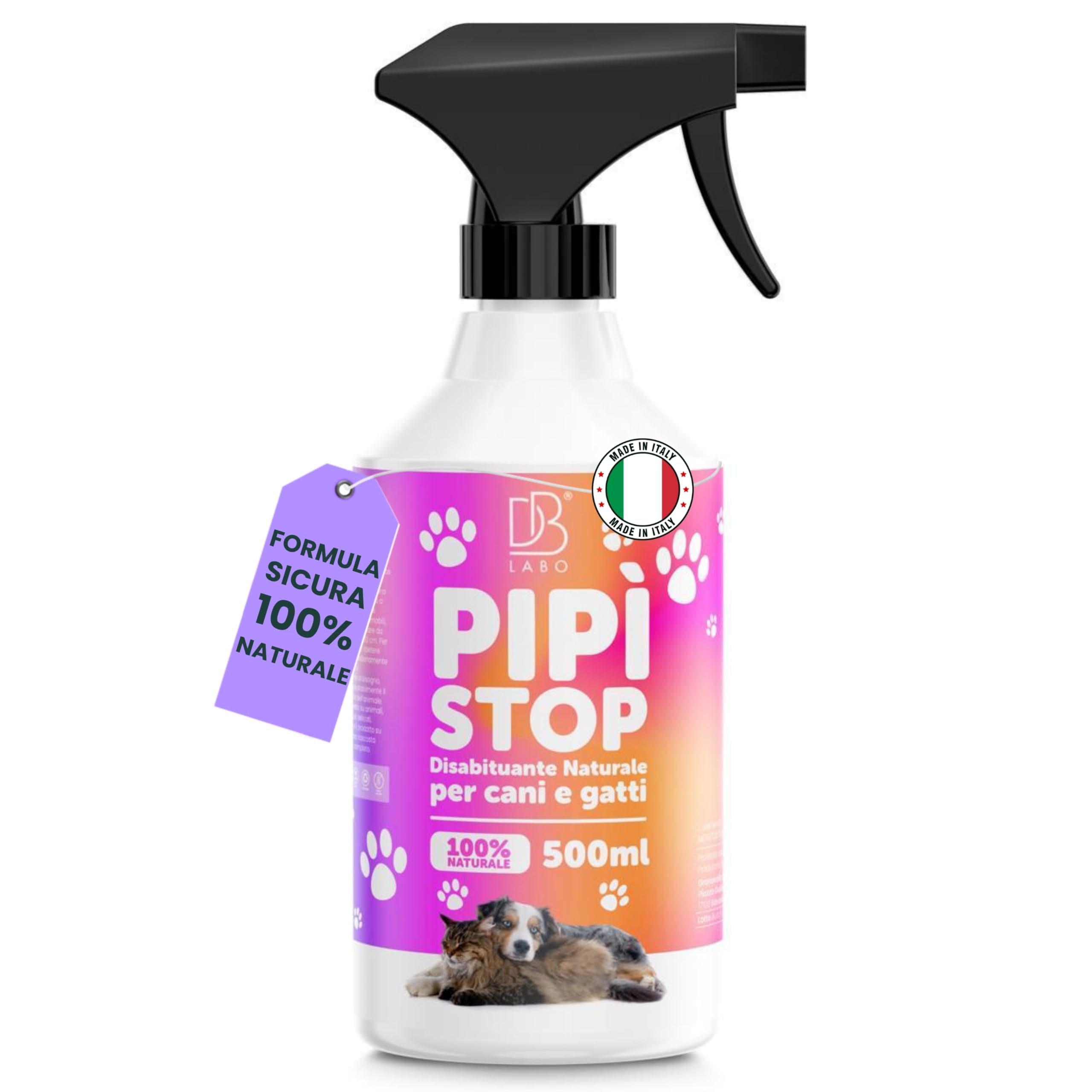 Spray Disabituante per Cani e Gatti 500ml, Repellente per Gatti, Anti Pipi, Dissuasori per Cani, Allontana Animali da Divano, Giardino e Pavimenti, Urine off Gatti, Uso Interno ed Esterno