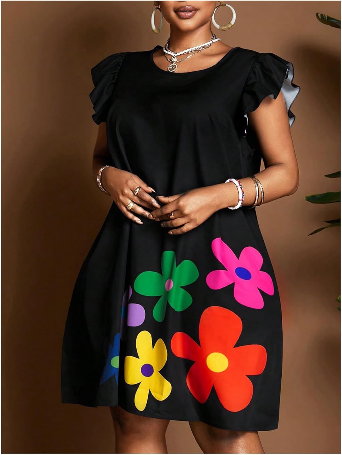 SOLY HUX Women's Plus Size Tunic Dress Floral Print Ruffle Cap Sleeve Loose Summer Short Dresses - Image 3