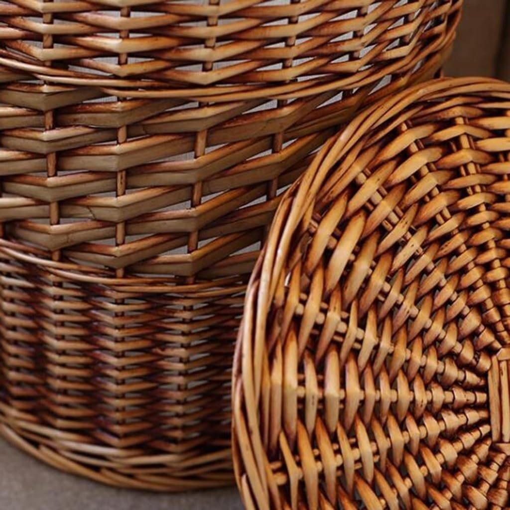 Amazon｜蓋付き籐製ランドリーバスケット、ライナーバッグ付き、丸型籐