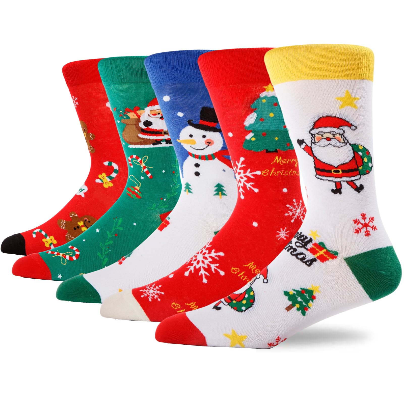 Funny Novelty Crew Socks Mothers Day Gifts for Mom Wife Women Crazy Colorful Cute Cool Fancy Silly Graphic Happy Fun 6-11 5 Pairs - Christmas Themed - Santa Claus & Snowman & Christmas Tree & Gingerbread Man & Candy Gift Christmas Patterns Socks