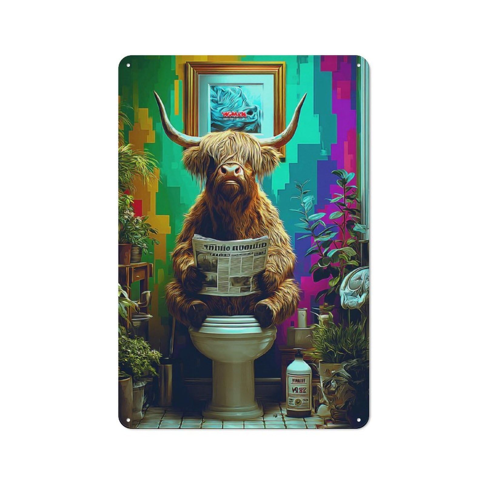 Junmoney Highland Cow Reading Newspaper On Toilet -2 Vintage Tin Wall Plaque 30X20cm For Kitchen Or Home Bar, For Vintage Wall Decor Fans, For Themed Room Decoration