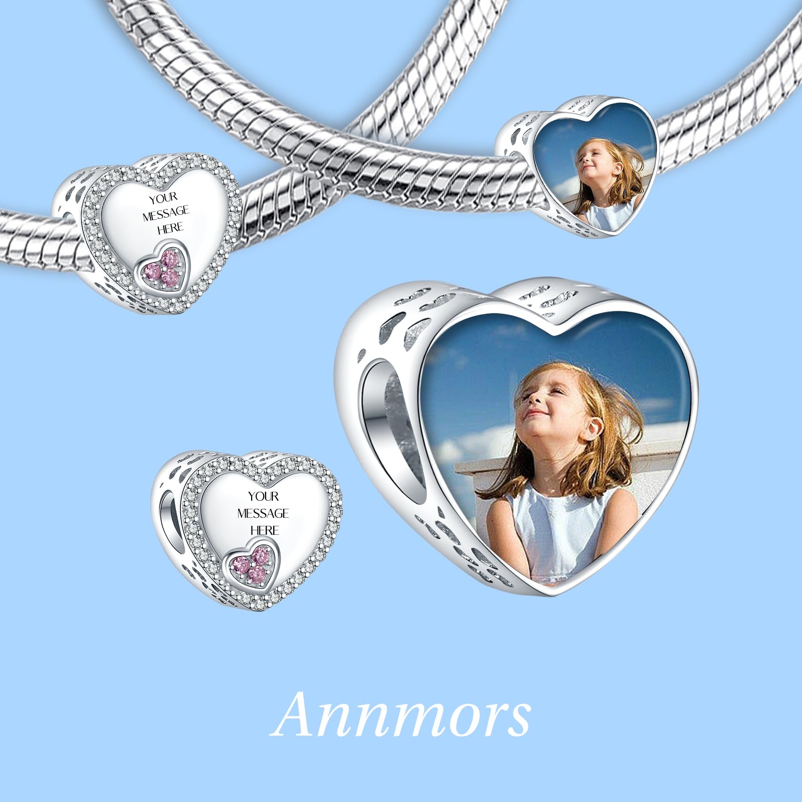 Annmors Personnalisé Photo Charme 925 Argent Sterling Famille Maman SœUr Fille Tortue Empreintes Amour CœUr Chanceux Carré Rond Pendentifs Ajuster Bracelets/Collier Perle Bijoux Pour Les Femmes
