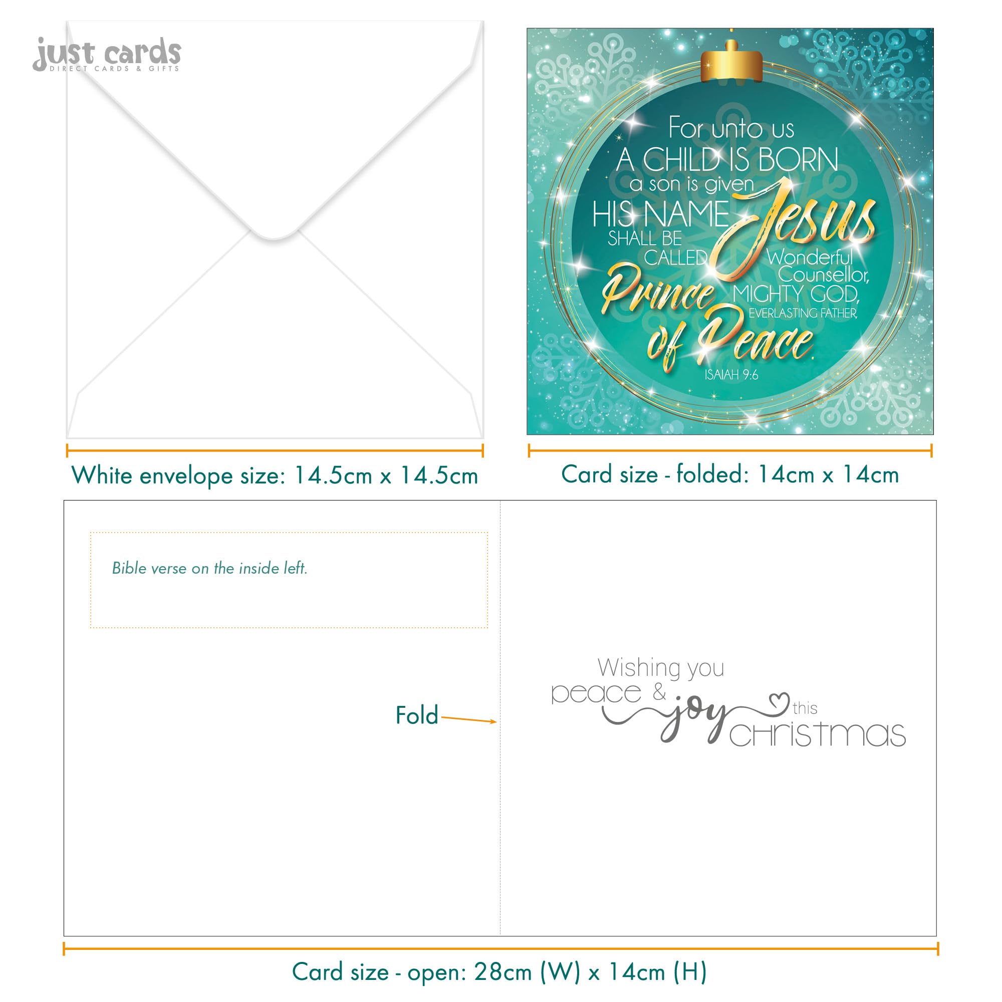 Christian Christmas cards, luxury pack of 10 with gold foil - A Child is Born, featuring Isaiah 7:14 Bible verse, by Just Cards Direct - Image 3