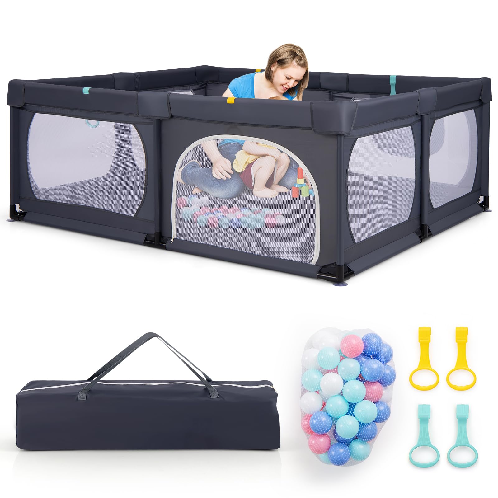 RELAX4LIFE Box Bambini 190 x 160 cm cm con 50 Palline e Borsa per il Trasporto, 4 Anelli, all'Interno e all'Esterno (GRIGIO 2)