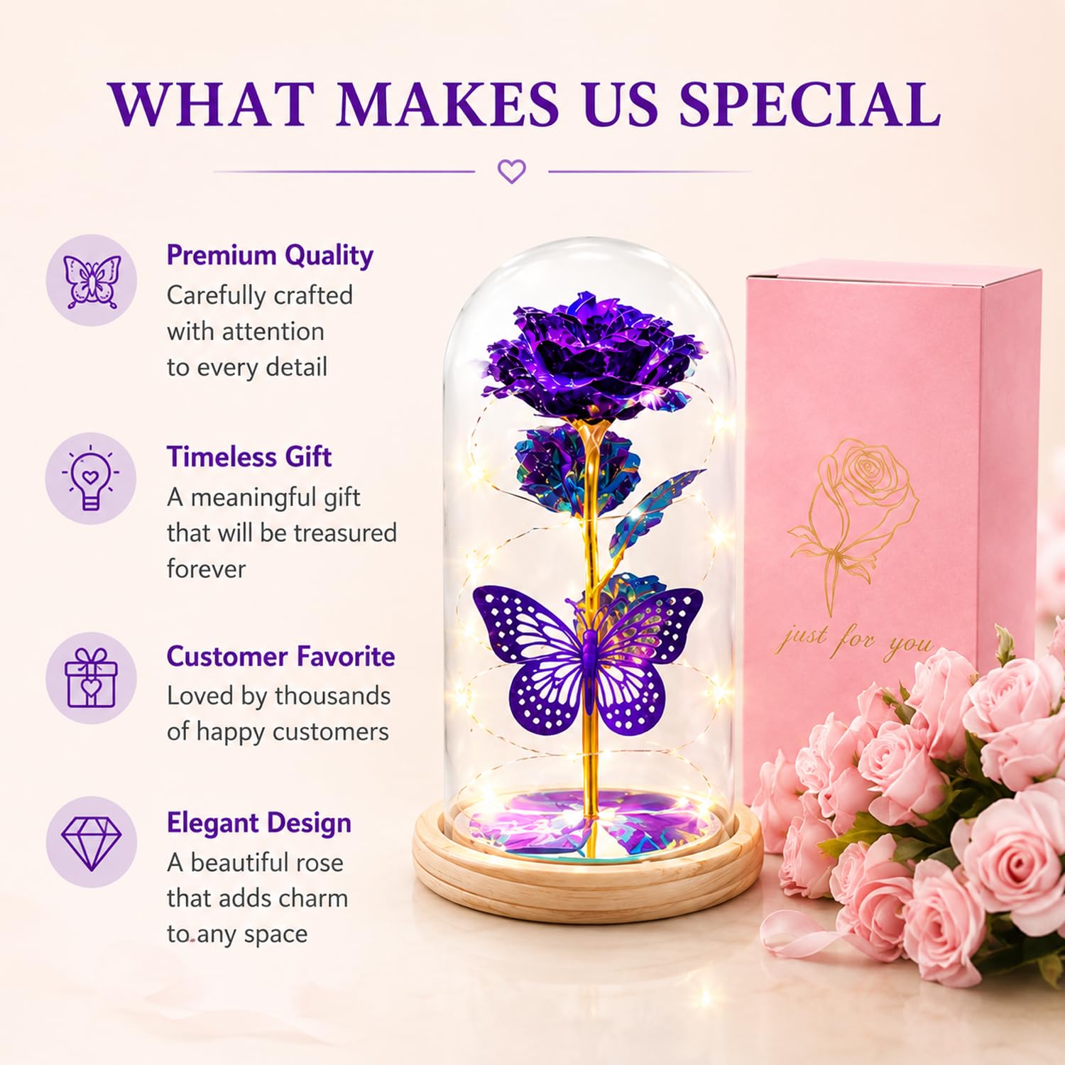 StowBin QUNPON - Flores para el día de la Madre, Regalos de Hija e Hijo, cumpleaños para Mujeres, mamá, Abuela, niñera, Rosa de la Bella y la Bestia en cúpula de Cristal, Artificial para Siempre