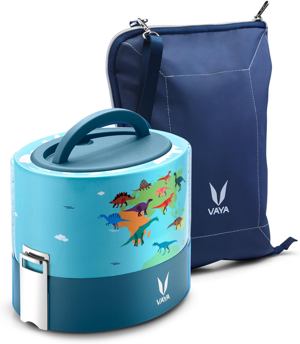 Vaya Tyffyn 600 ml, Dino Map, Vacuum Insulated Lunch Box with Bagmat - 2 Copper Finished Stainless Steel Food Storage Containers- BPA Free, Eco-Friendly Bento Box (Color:Dino Map)