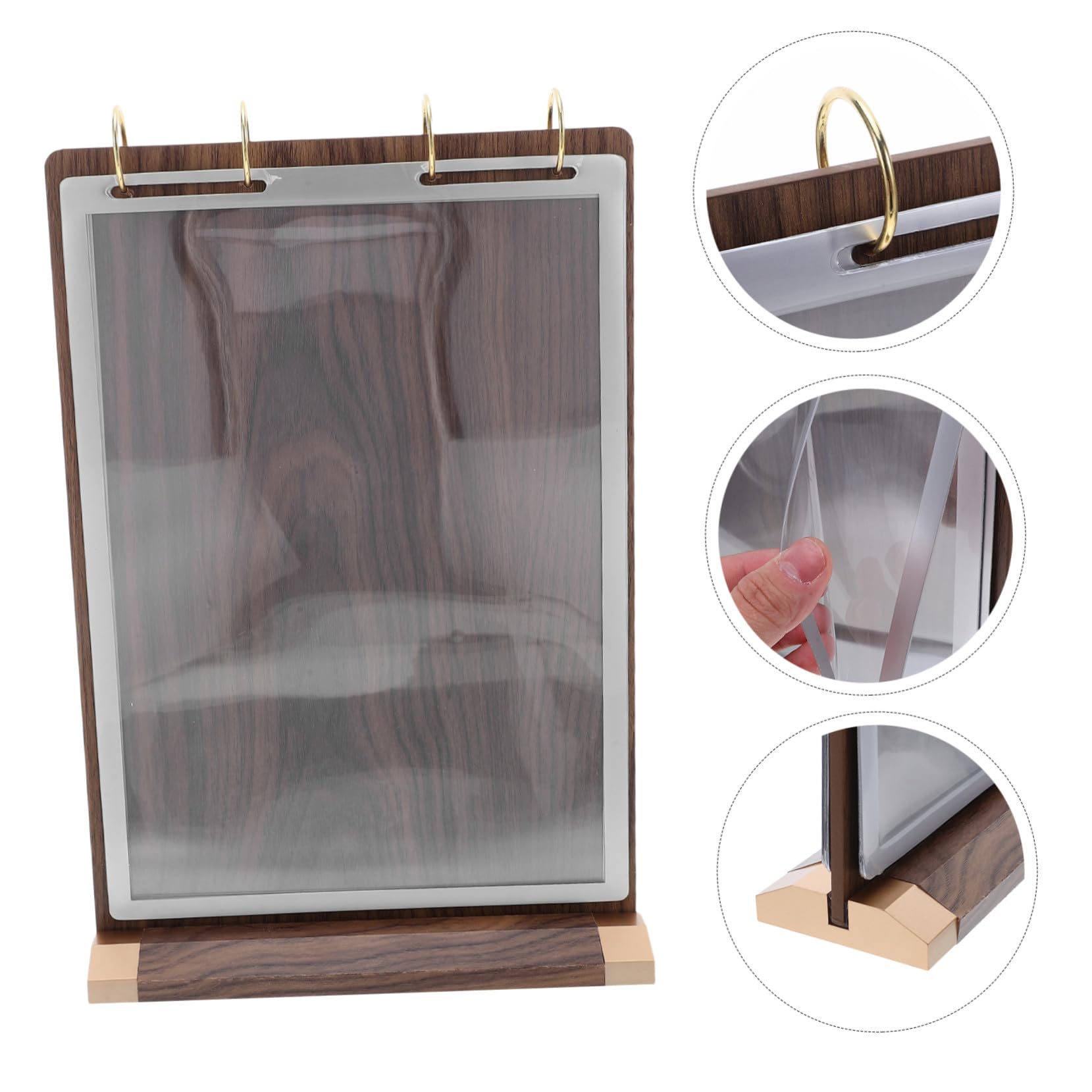 LABRIMP Soporte para Cartas de Menú de Madera de Nogal Exhibidor de Mesa con Páginas Doble Cara Soporte Giratorio para Restaurantes y Cafeterías Fácil Cambio Presentación Versátil para