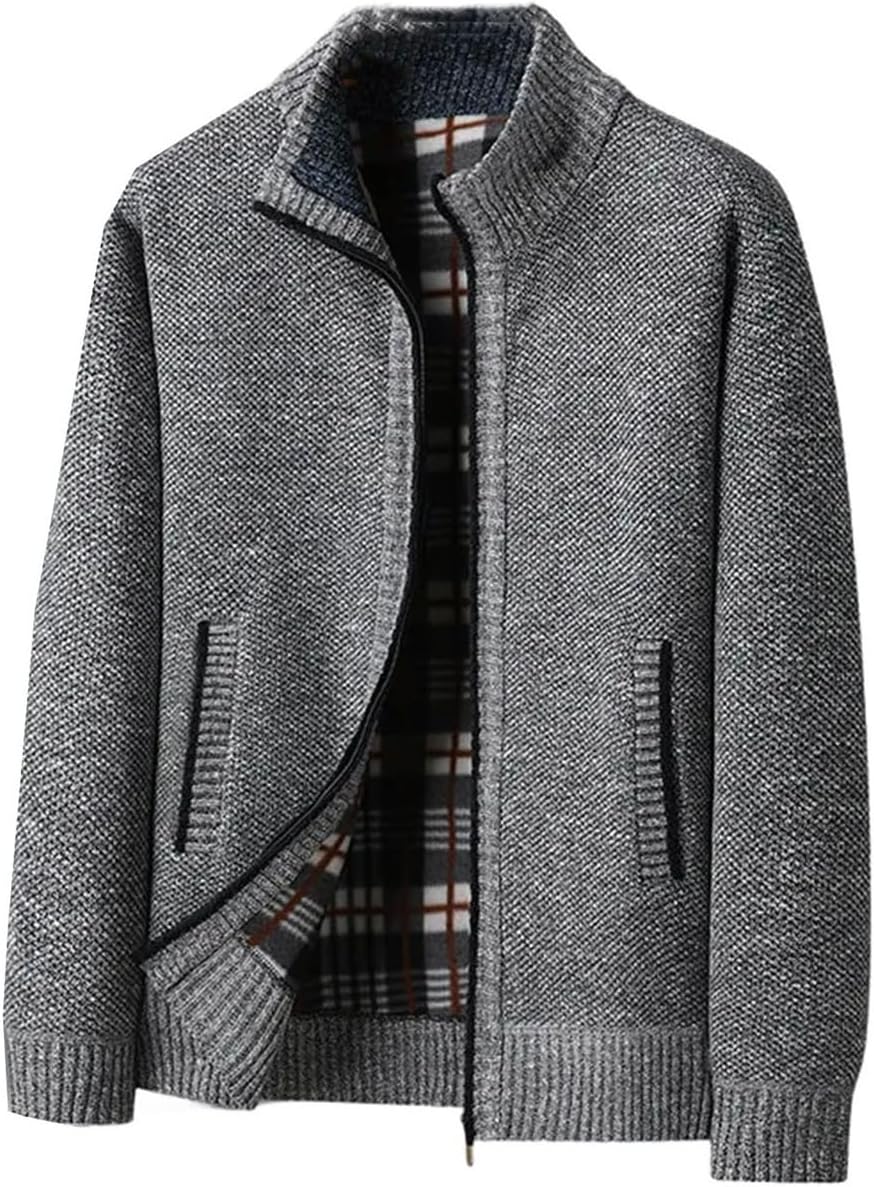 Men's Lightweight Stand-up Collar Fleece Thickened Solid Color Sweater Warm Cardigan Knitted Jackets