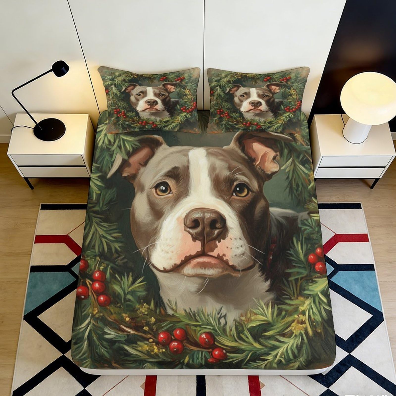 Pnayamiorkfel Style-8 3D Printed Festive Dog Fitted Sheet Microfiber Soft Breathable Christmas Wreath Bed Cover For Bedroom Decor 90X200x25cm