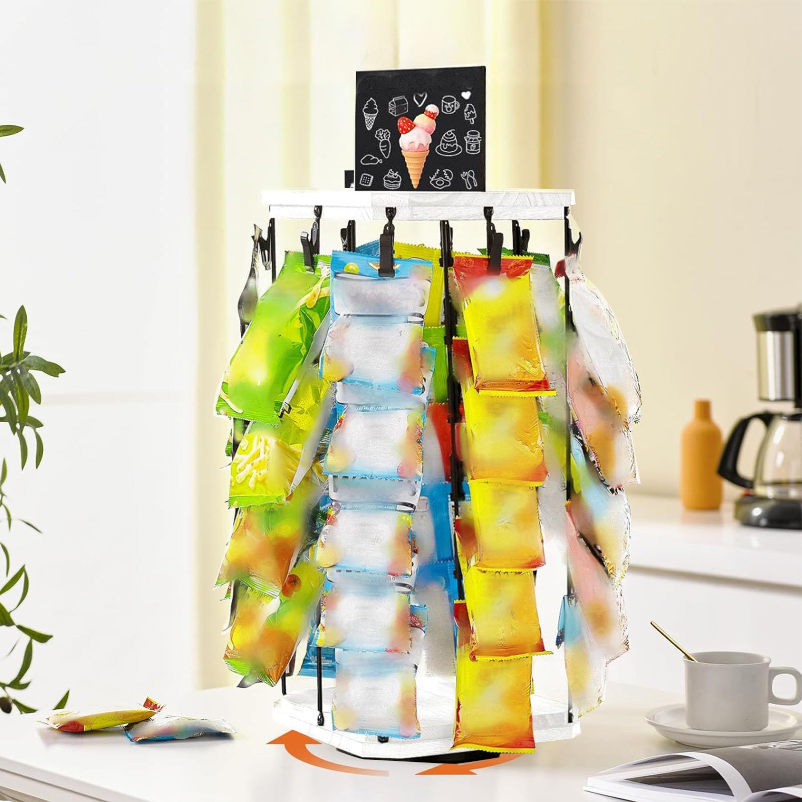 Bewinner Chip Rack Display Stand, 5 Tiers 40 Clips Snack Organizer with Top Writing Pad, 360° Rotating Wooden Base Chip Holder for Party Stall Minimart Desktop