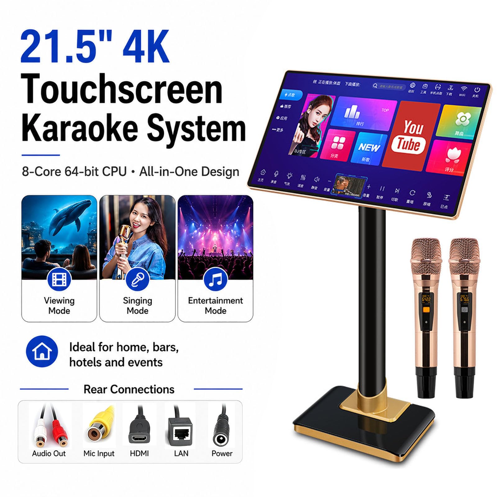 Macchina per Karaoke con Schermo Touchscreen da 21,5 Pollici, 2 Microfoni Wireless, Ricerca Vocale di Brani Tramite Ia, Dsp Integrato, Controllo Tramite App Wi-Fi, 3 TB, 4 TB, 6TB