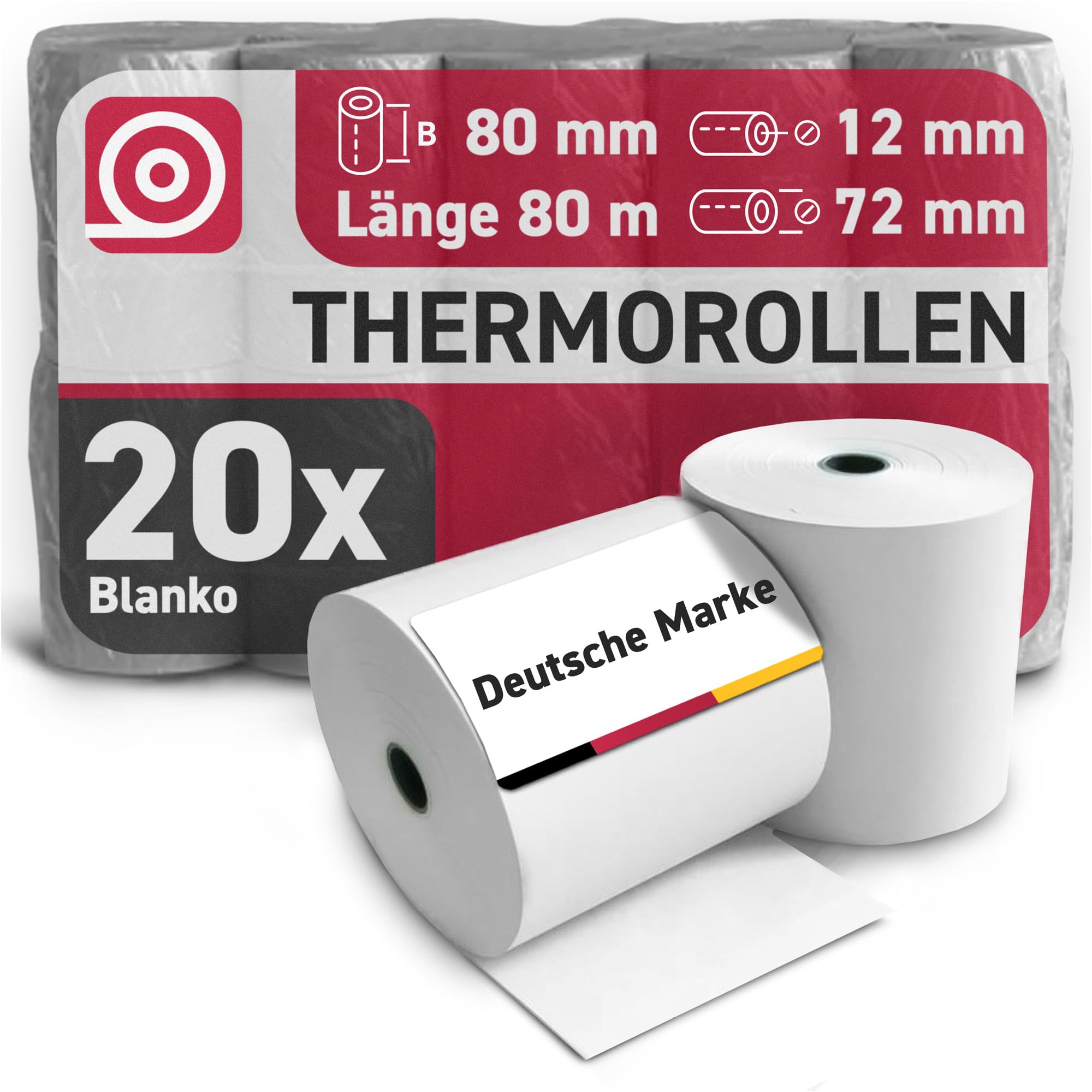 Thermorollen (80mm × 80m × 12mm) – hochwertige Bonrollen aus BPA-freiem Thermopapier – 20 Kassenrollen 72mm – für Epson TM-M30III, TM-T88V & weitere Kassenbondrucker & Kassensysteme