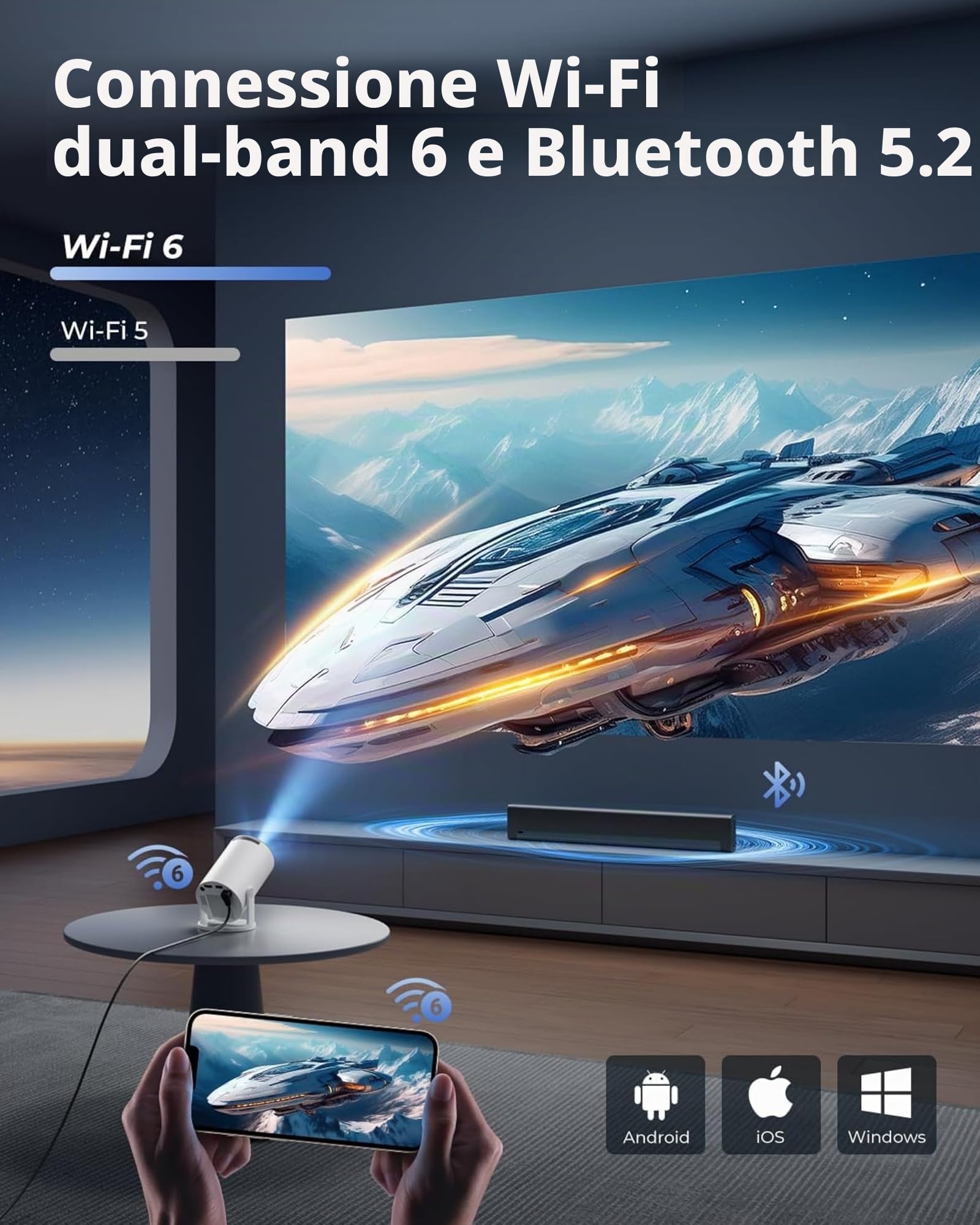 Maxora Mini Proiettore Supporta 4K 1080P, Proiettore Portatile WiFi 6 Bluetooth 5.4, Keystone Automatico, Rotazione 180°, Bianco, HDMI/TV Stick/Memory Stick/Laptop