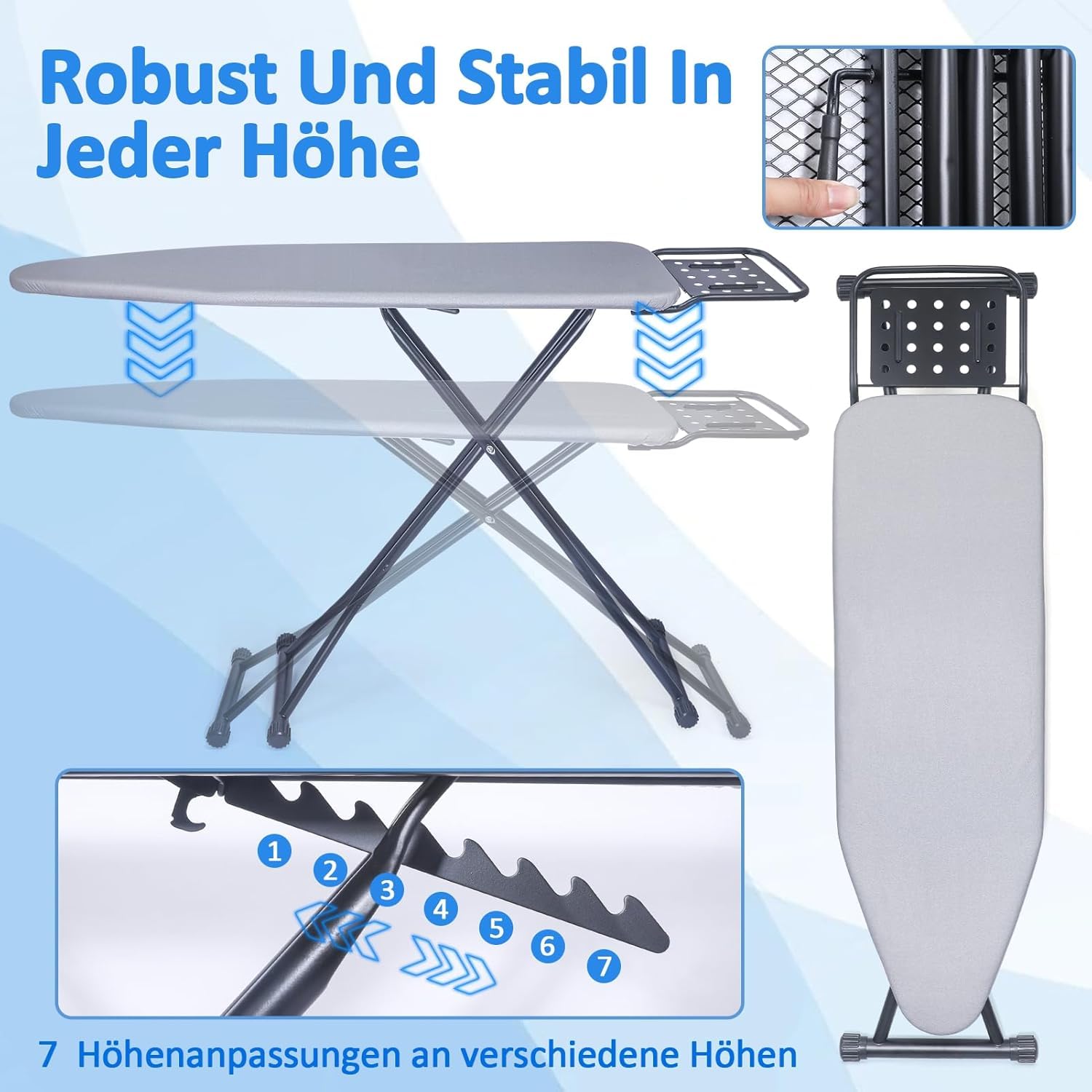 Bügelbrett,Dampfbügelbrett mit Bügeleisenablage, Metallnetz Bügelti
