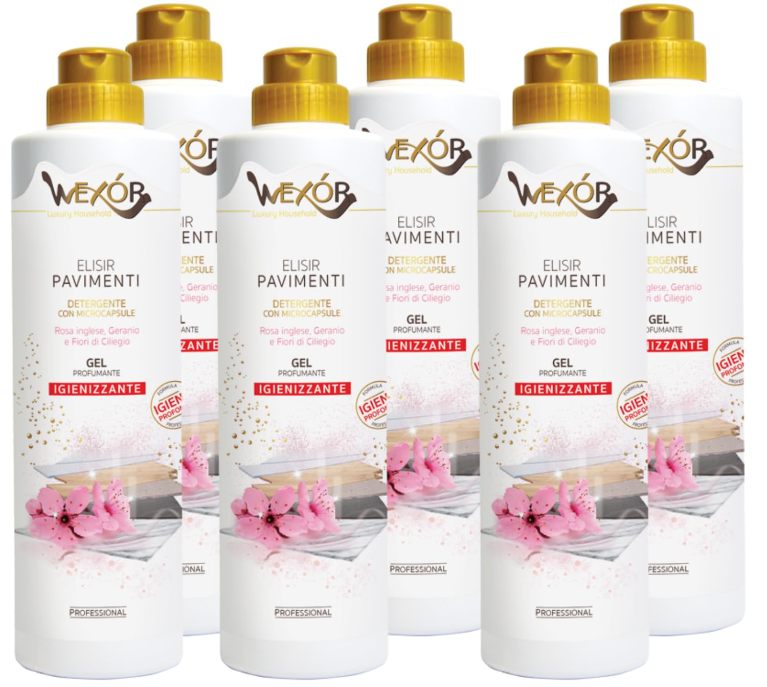 Detergente Elisir Pavimenti in Gel con Microcapsule Igienizzante, Profumato Rosa Inglese Geranio e Fiori di Ciliegio 750ml (750ml (6 Unita))