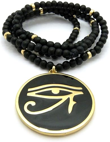 Miniatura 2 de Colgante redondo de ojo egipcio de Horus de 0.236 in, 30 pulgadas, collar de cuentas de madera en tono dorado y negro