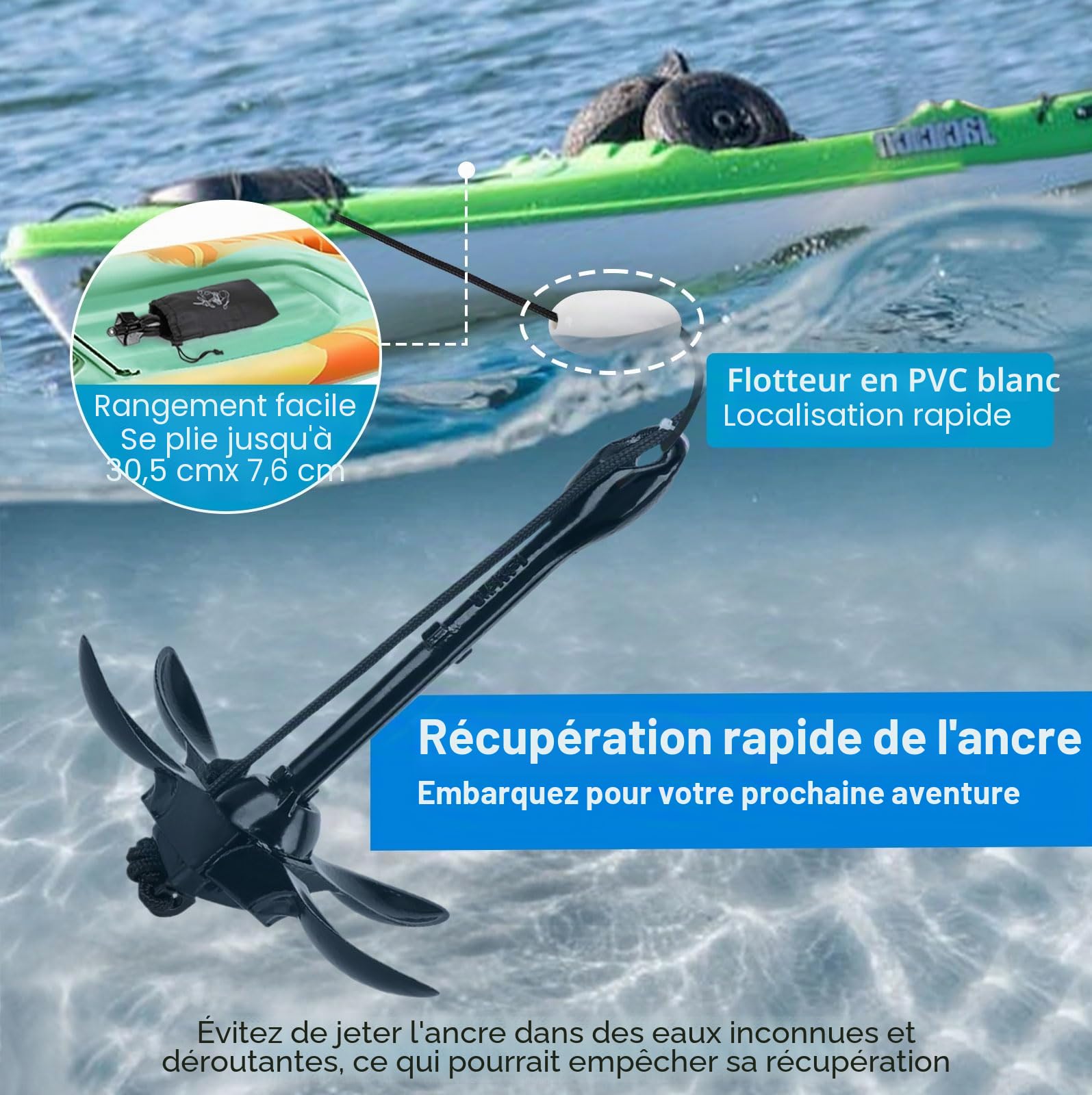 Alpinista Ancre de kayak, kit d'ancrage de bateau pliable portable de 1,6 kg avec corde marine de 12,2 m pour kayak, canoë, pêche et accessoires de planche à pagaie, noir