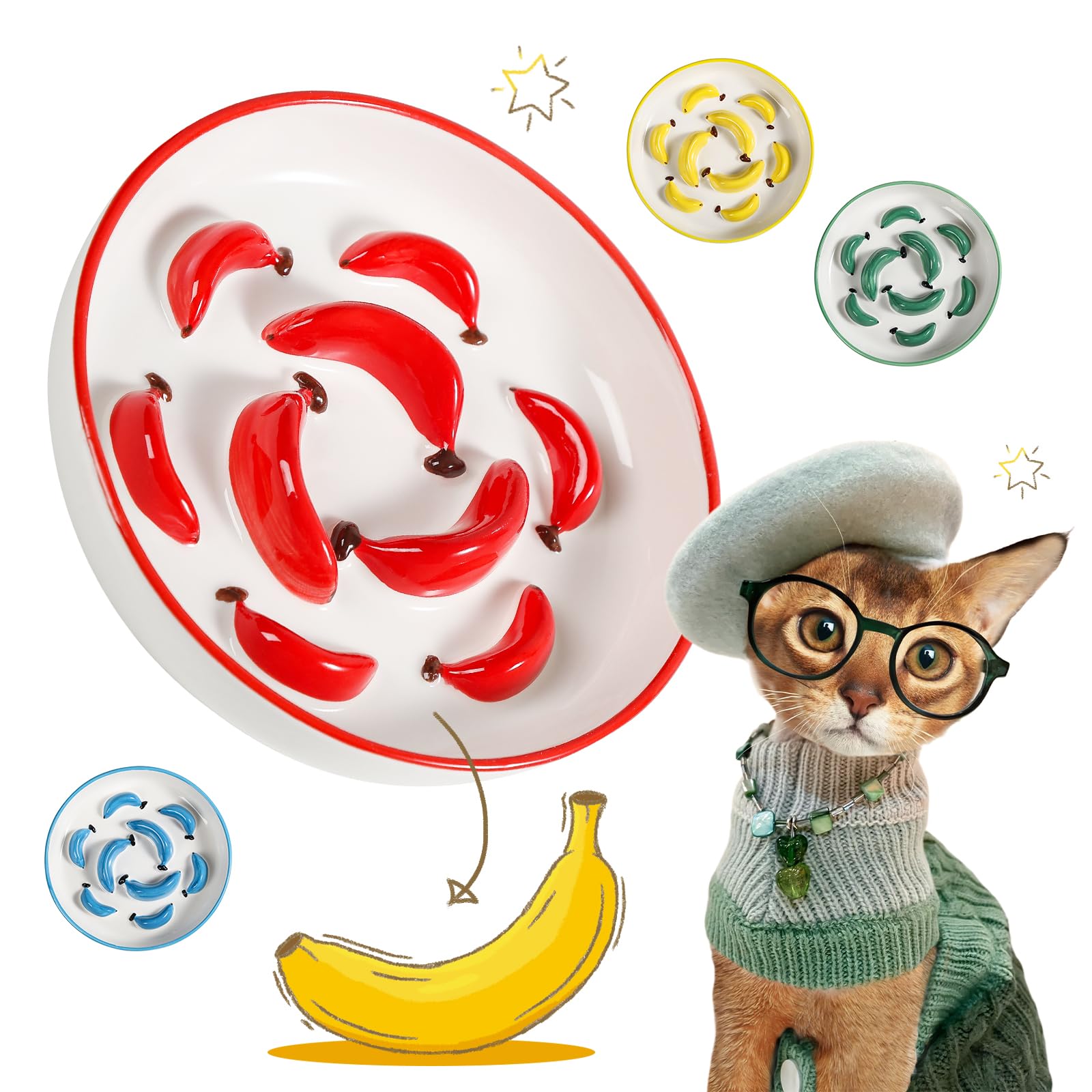 Ceramic Cat Slow Feeder Bowl - Vibrant Cat Feeding Bowl - Cute Maze Food Dish for Slow Eating - Dishwasher Safe - 6.3''W x 1.2''H - 7 OZ - Red