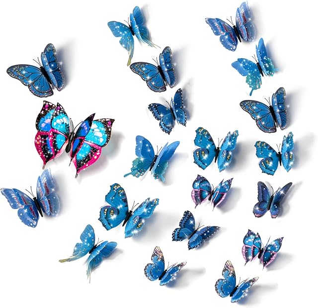 Cestlafit 3D Shinning Butterfly Wall Sticker, PVC Butterfly Decorations Removable Wall Stickers for Bedrooms for Girls, Blue Color 36 Pack