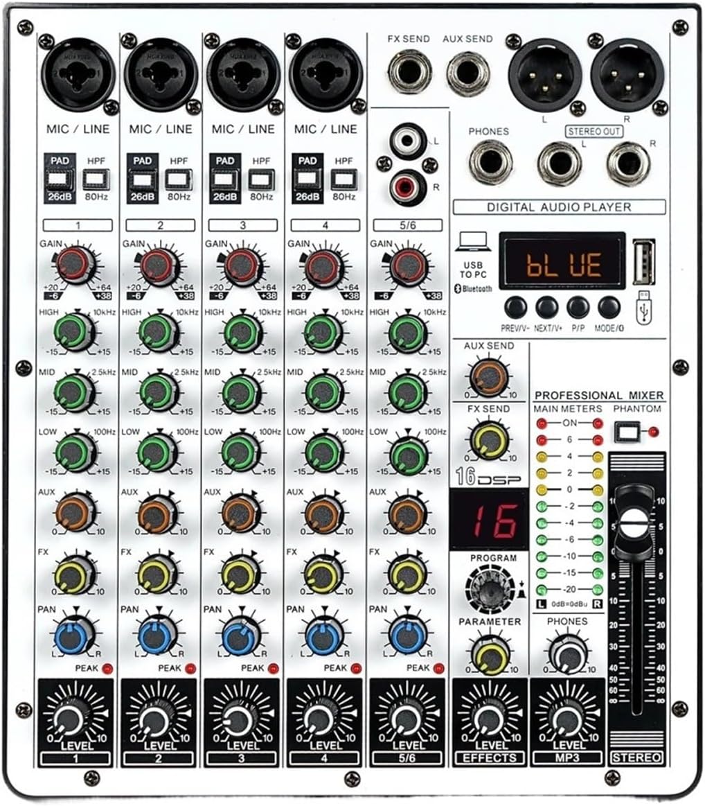 6-Channel Audio Mixer, ARVOMIC DJ Mixer With USB Audio Interface, Bluetooth Function, 16 Effects, And 3-Band EQ