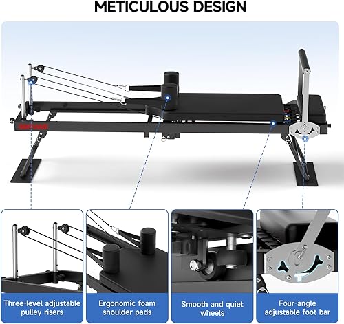 Miniatura 3 de Reformador de pilates plegable para uso doméstico máquina de pilates de marco de metal completo con bandas de resistencia ajustables multicolor,
