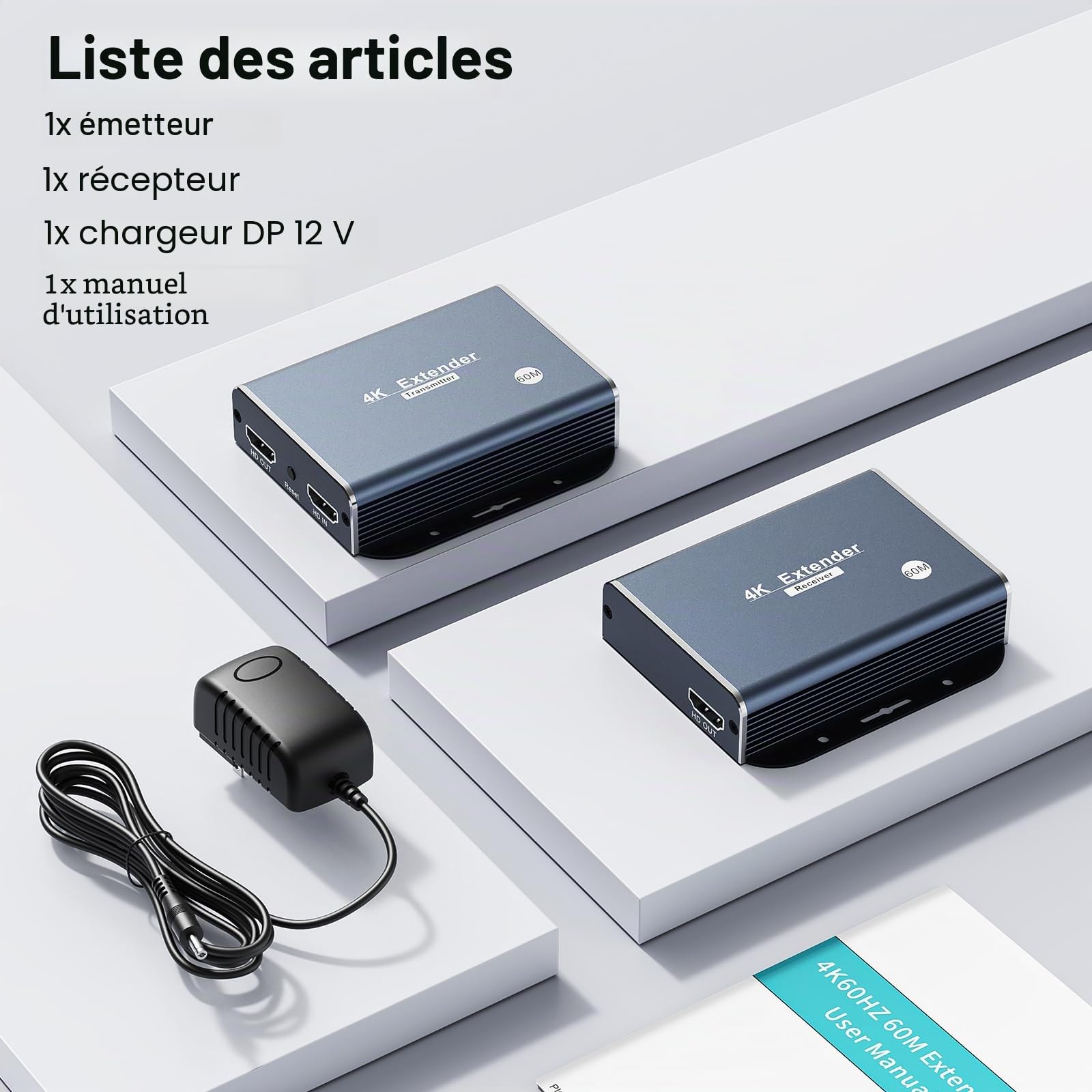 4K HDMI Extender Over Ethernet Extendeur sur CAT5e/CAT6/CAT7, 4K@60Hz Up to 196ft(60m), EDID and POC Fonction Support