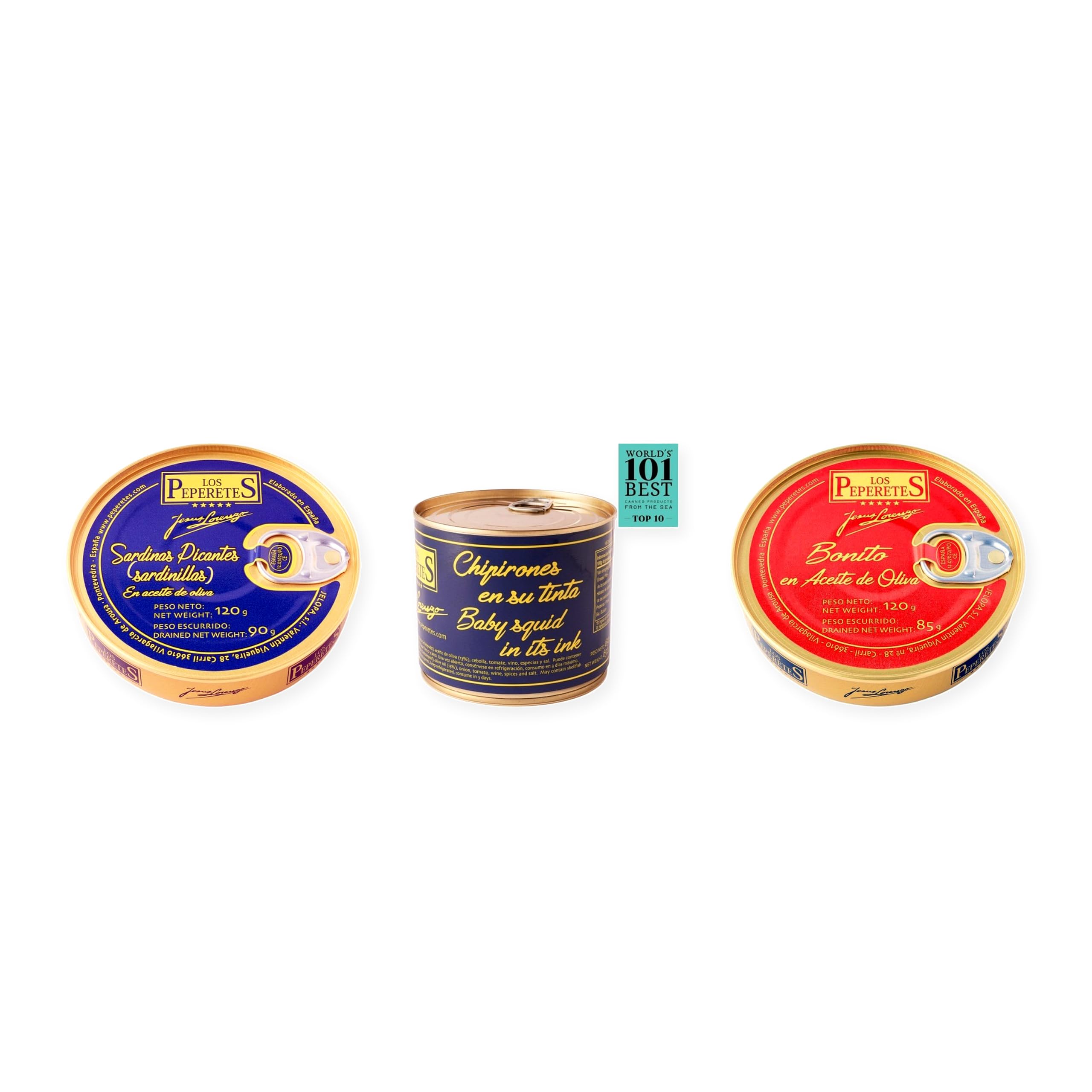 los peperetes conservas Sardinillas Picantes, Chipirones Tinta 460g y Bonito Aceite Oliva pack 3 latas
