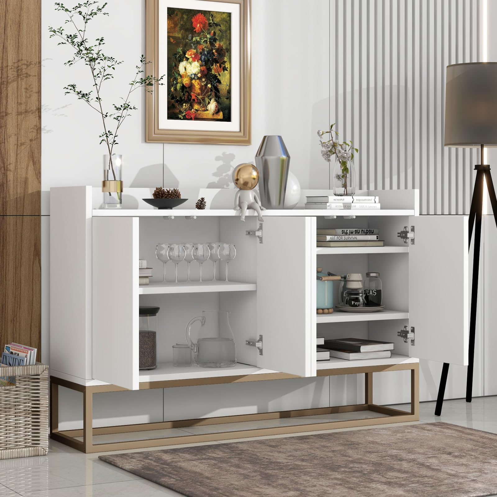 credenza per cucina 120 x 30 x 80 cm, mobile contenitore con 4 ante e ripiani regolabili, piedini in metallo, credenza moderna, sala da pranzo e soggiorno, bianco